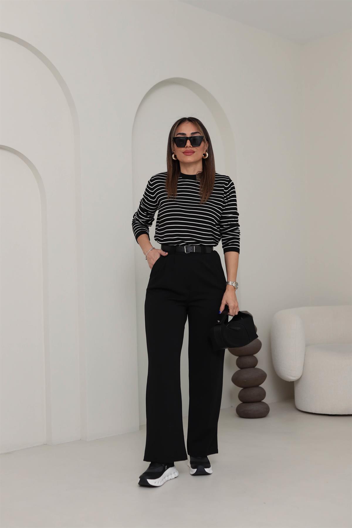 3851 Çift Pile Detaylı Kemerli Palazzo Pantolon SİYAH