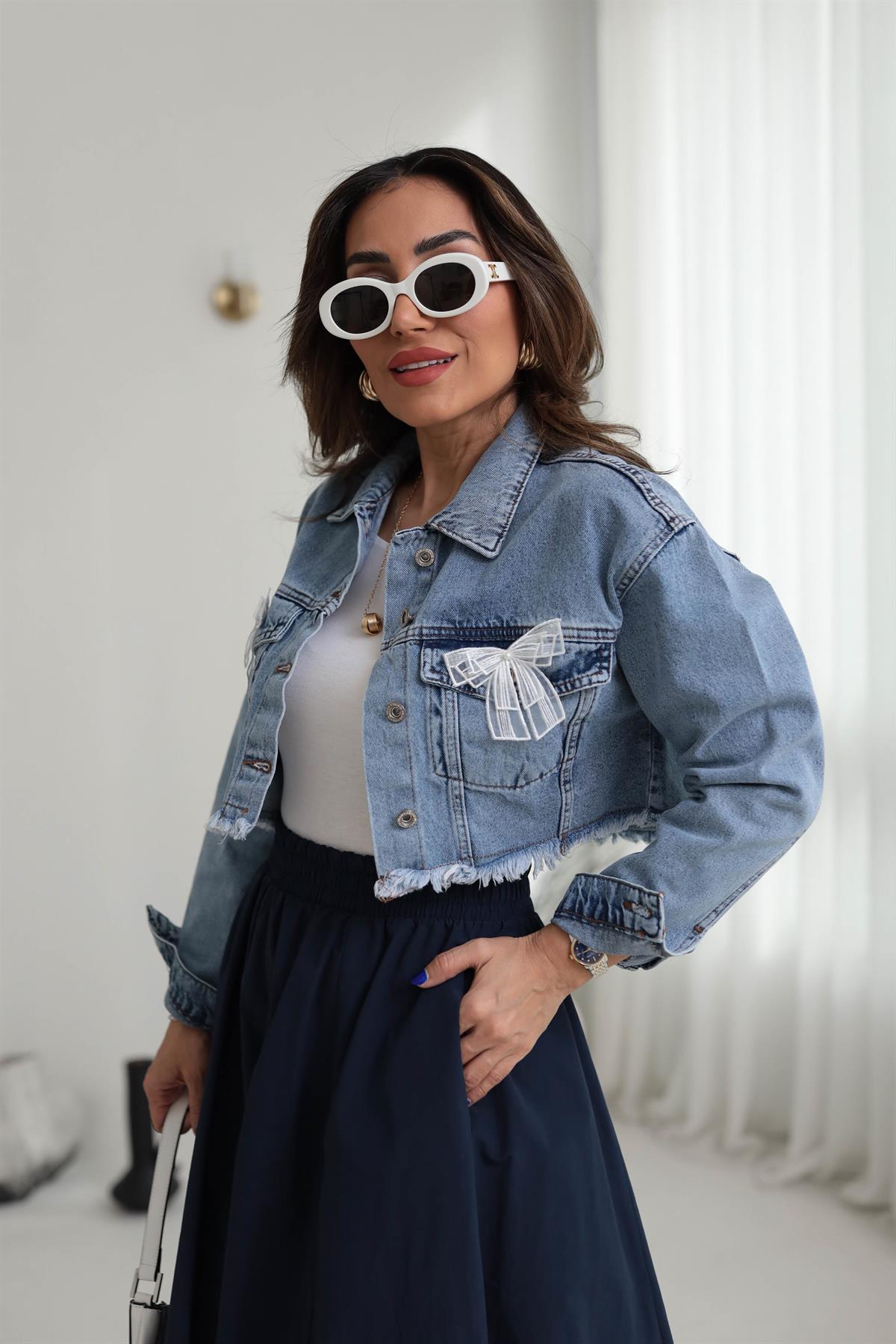 5026 Kurdela Detaylı Kısa Jean Ceket BUZ MAVİ