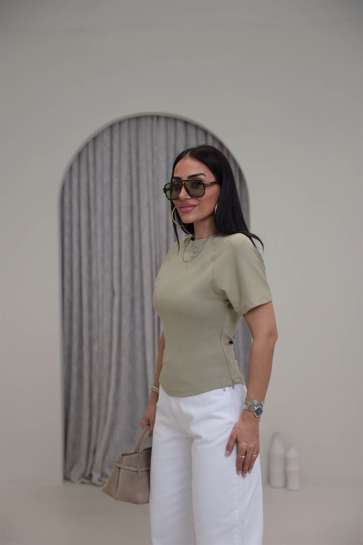 2322 Reglan Kol Yandan Fermuarlı Pamuklu Tshirt AÇIK HAKİ