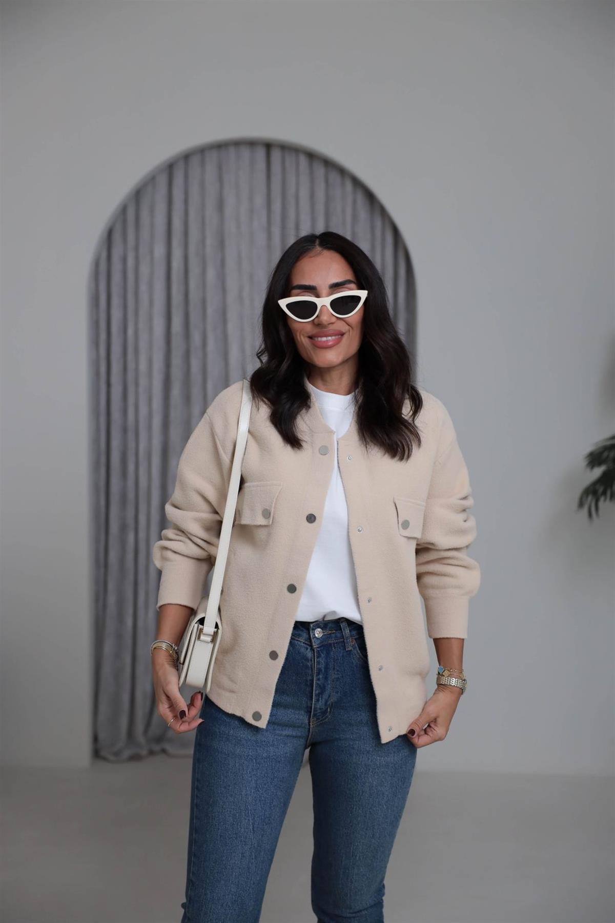 4589 Çıtçıtlı Cep Detaylı Angora Ceket KREM