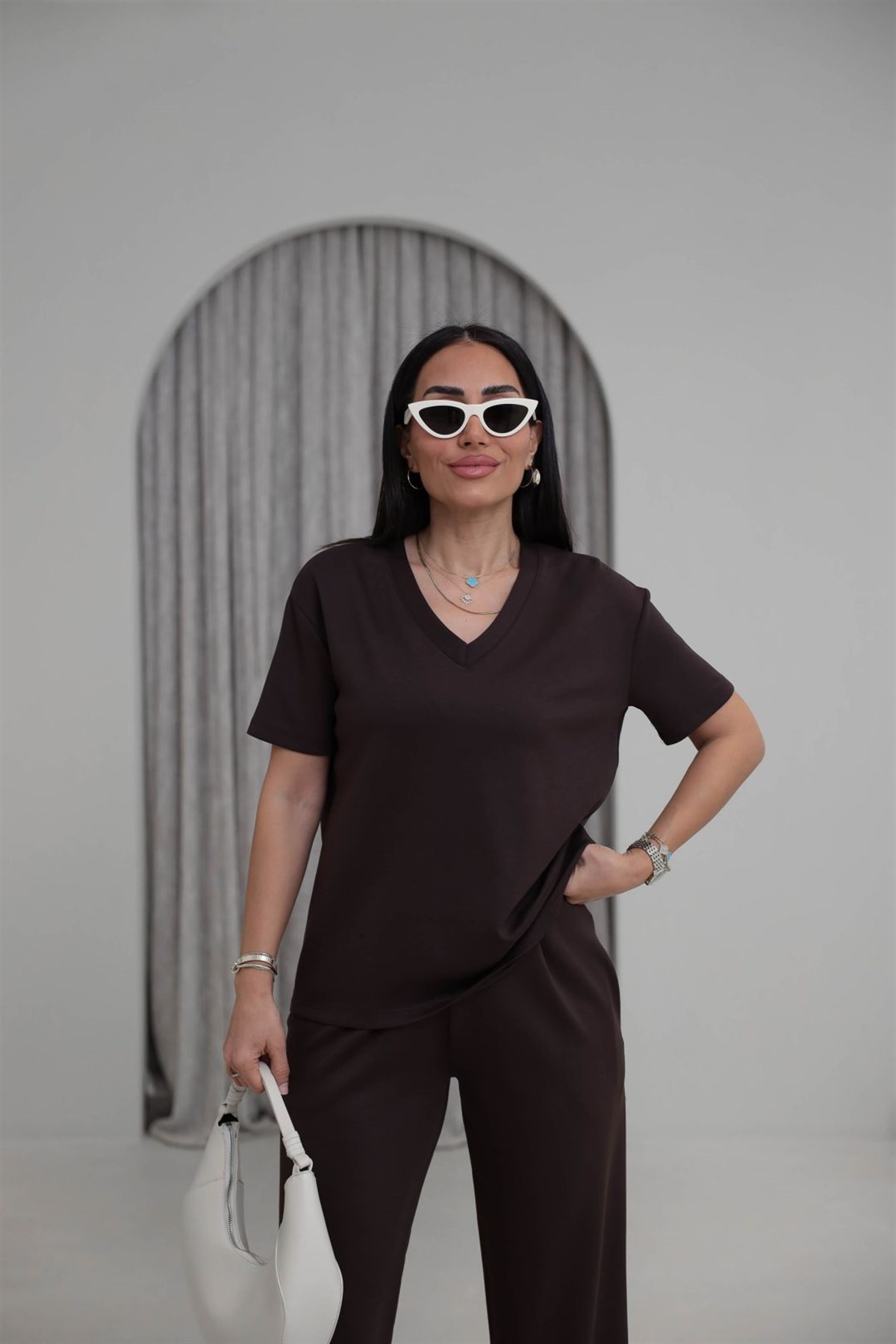 T927 V Yaka Modal Kumaş Tshirt ACI KAHVE