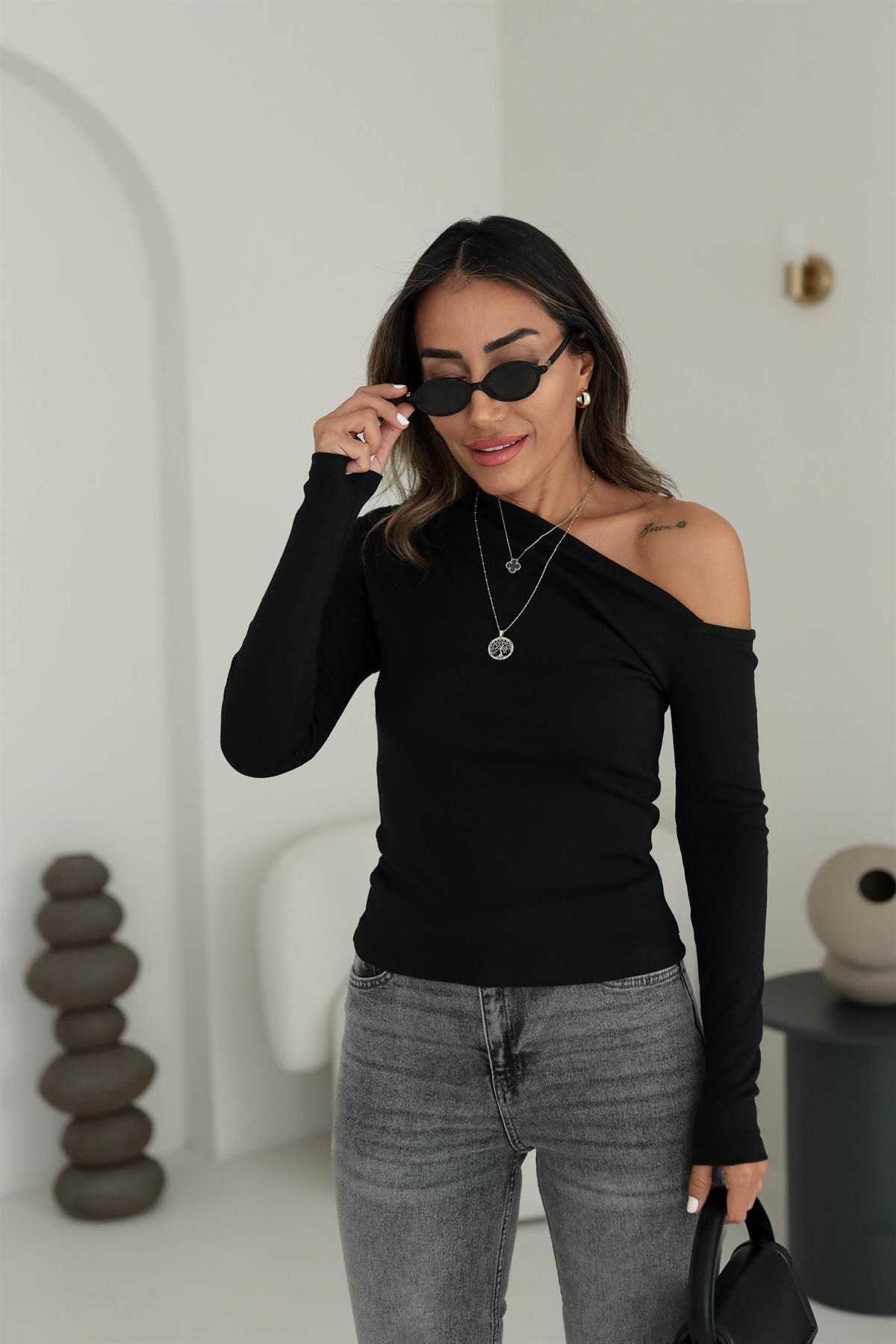 6130 Çapraz Yakalı Uzun Kol Bluz SİYAH