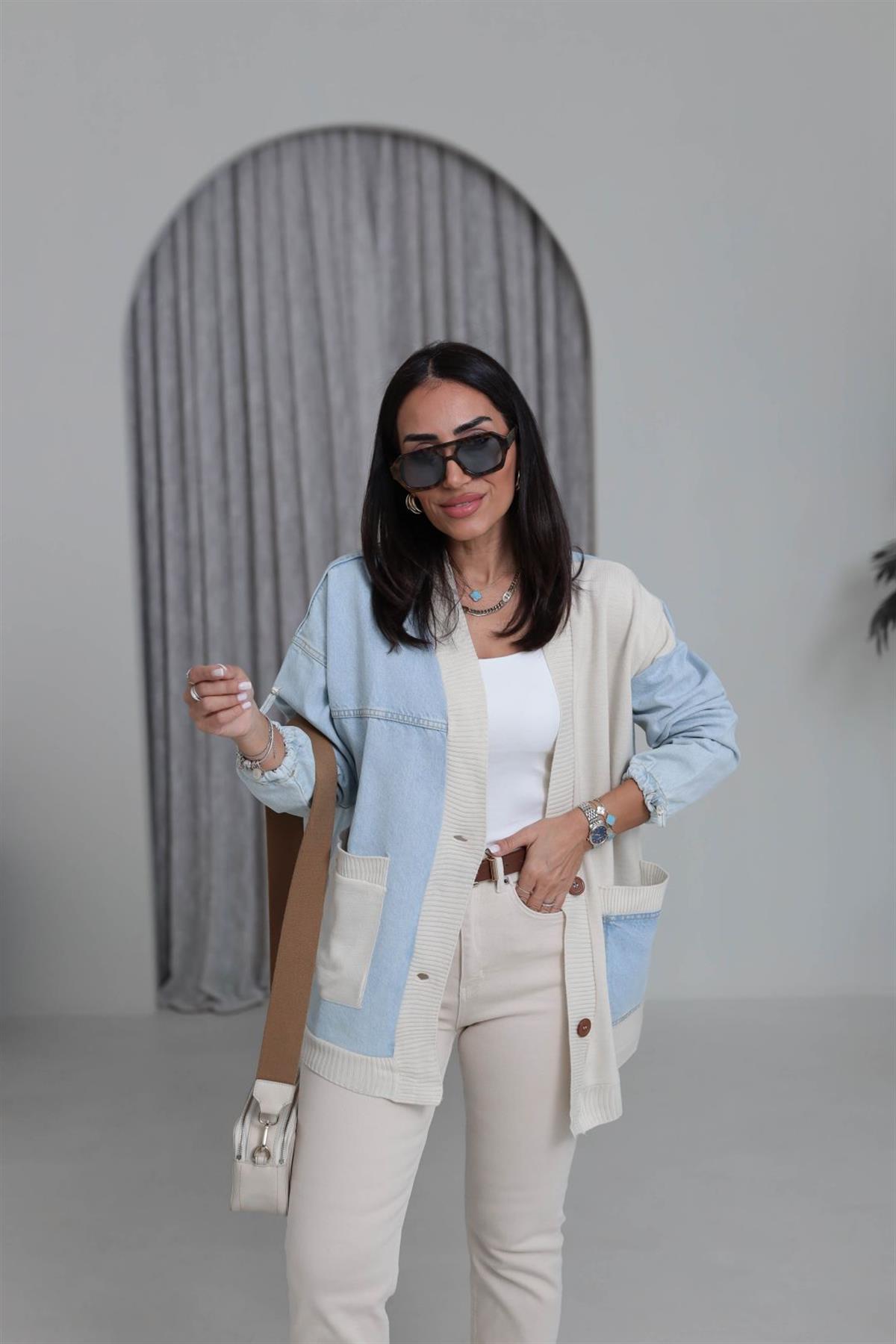 1085 Kot Garnili Cep Detaylı Hırka KREM