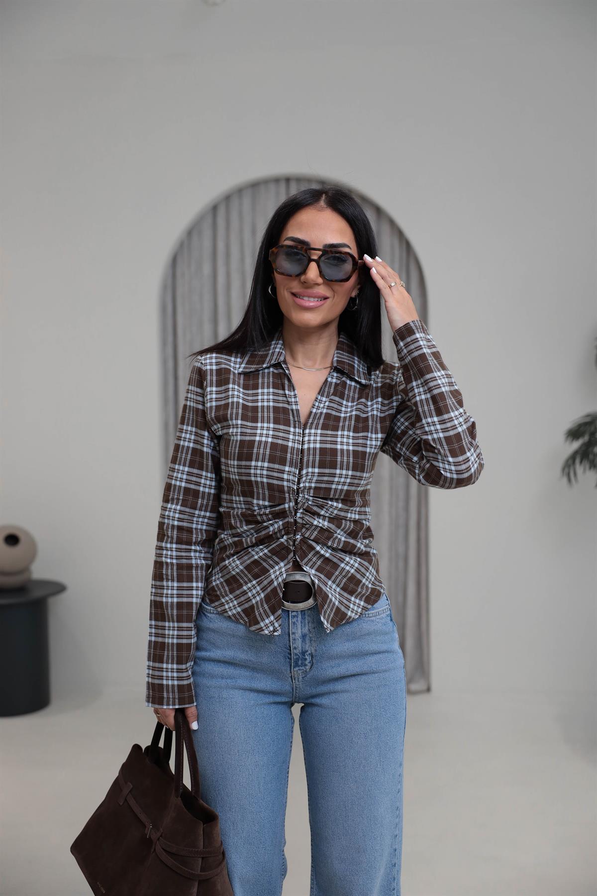 0817 Agraflı Ekose Gömlek KAHVE