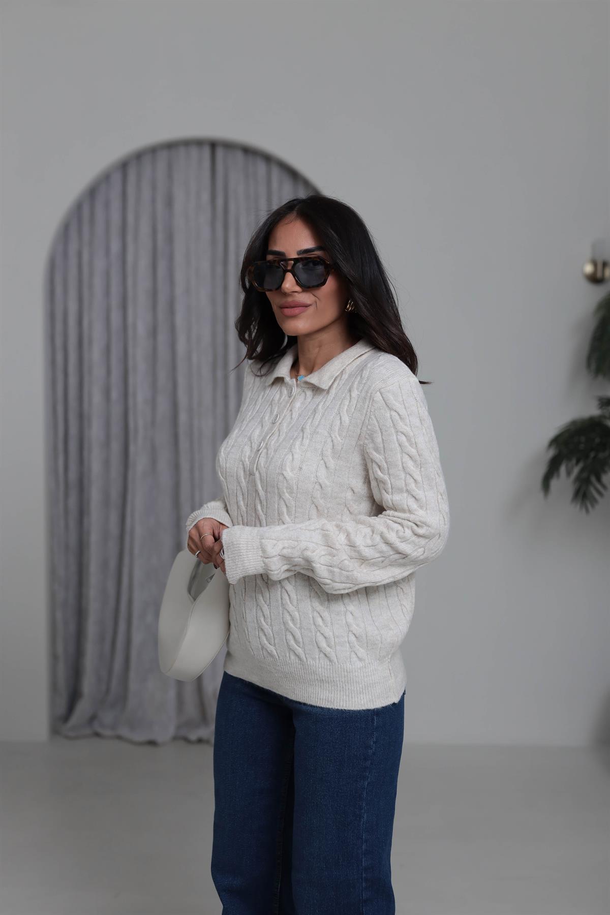 0145 Saç Örgü Polo Yaka Rahat Kazak TAŞ