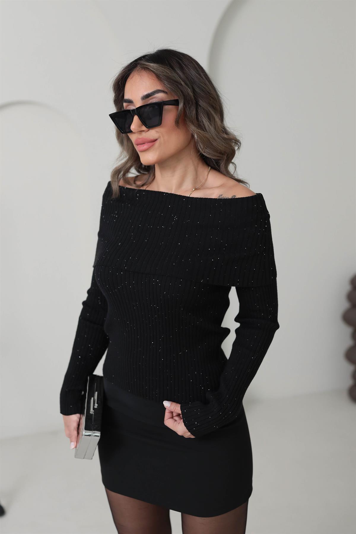 0705 Madona Yaka Fitilli Triko Kazak SİYAH