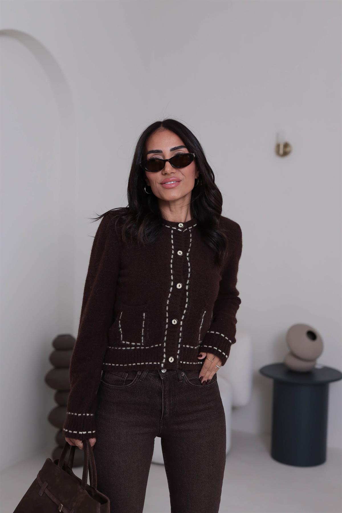 4892 Dikiş Detaylı Düğmeli Cepli Hırka KAHVE