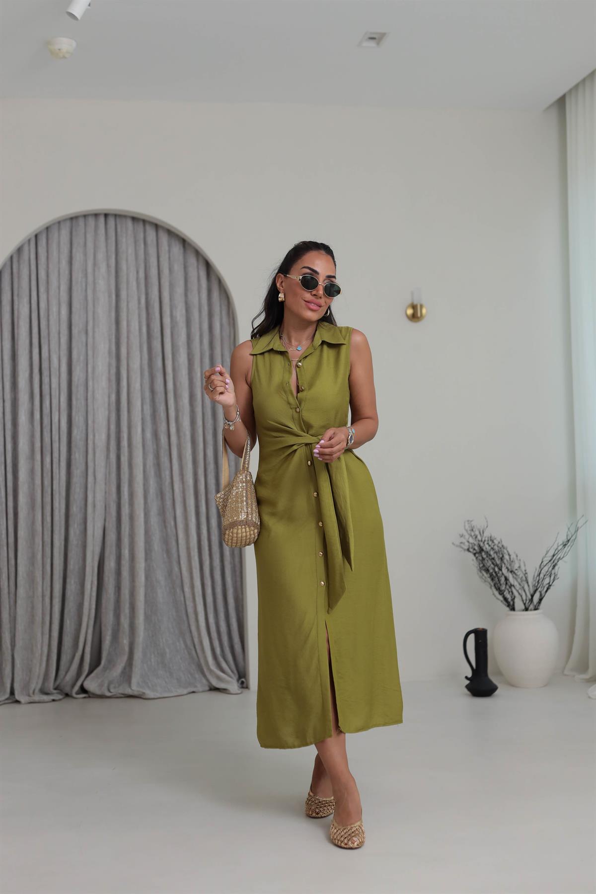 3789 Bel Bağlama Detay Gömlek Yaka Elbise OLİVE