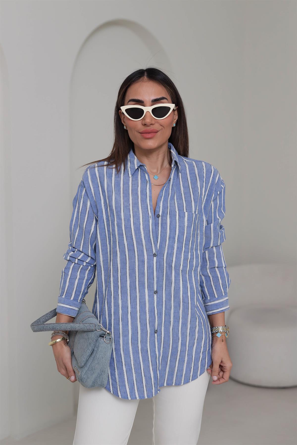 4373 Cep Detaylı Çizgili Keten Gömlek MAVİBEYAZ