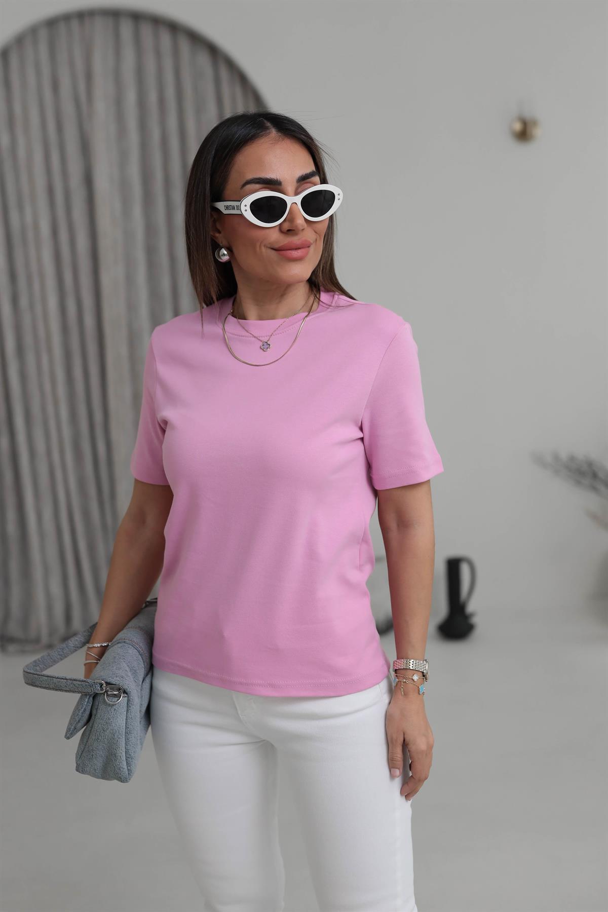 1075 Bisiklet Yaka Pamuklu Basic Tshirt PEMBE