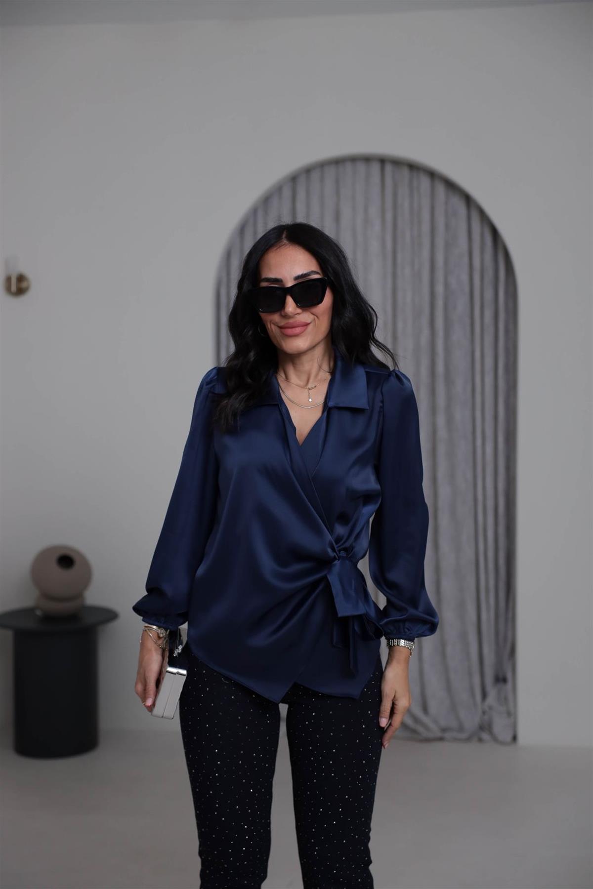 K0132 Kruvaze Yaka İpek Saten Gömlek Bluz LACİVERT