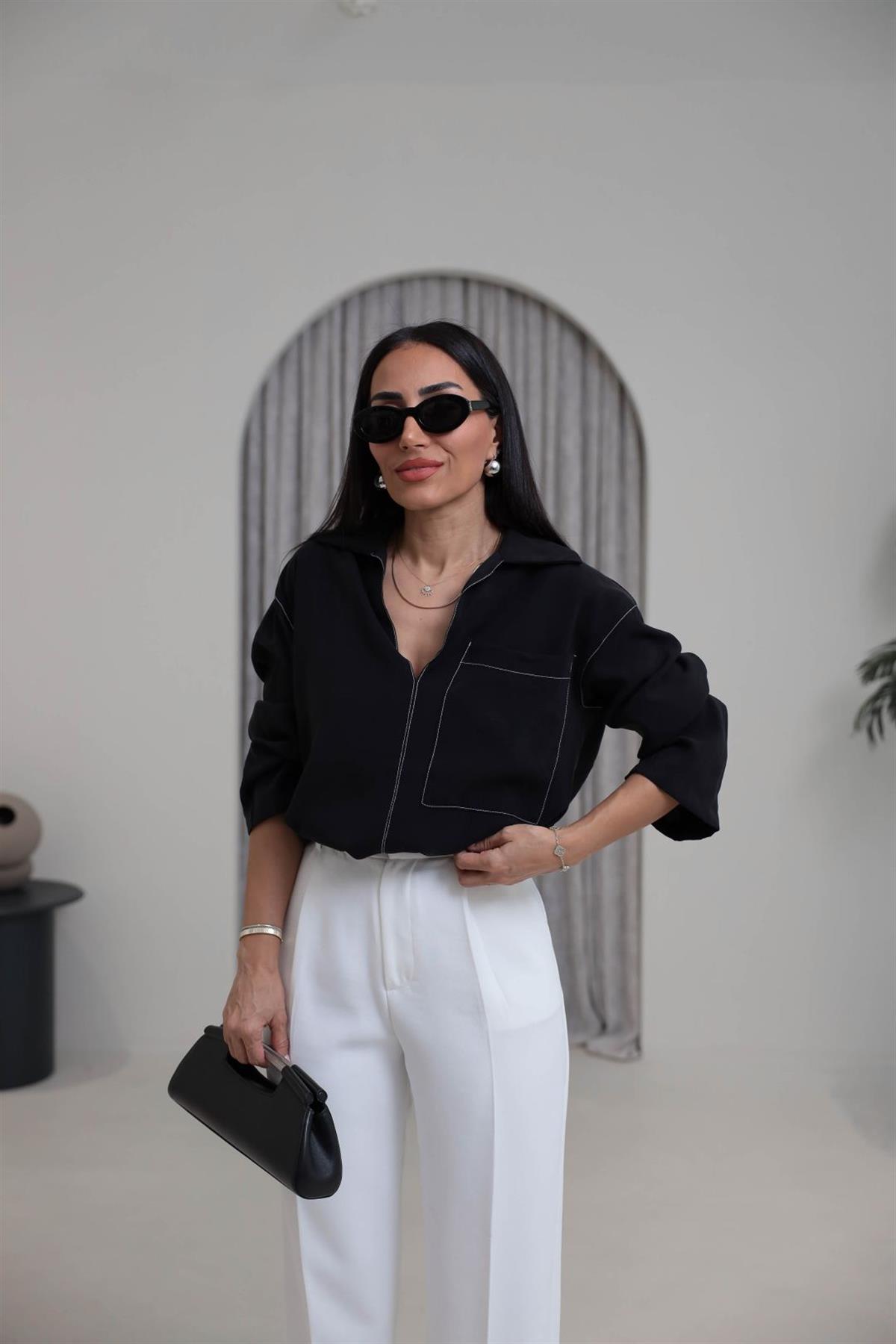 0723 Zincir Dikişli Cep Detay Tencel Gömlek SİYAH