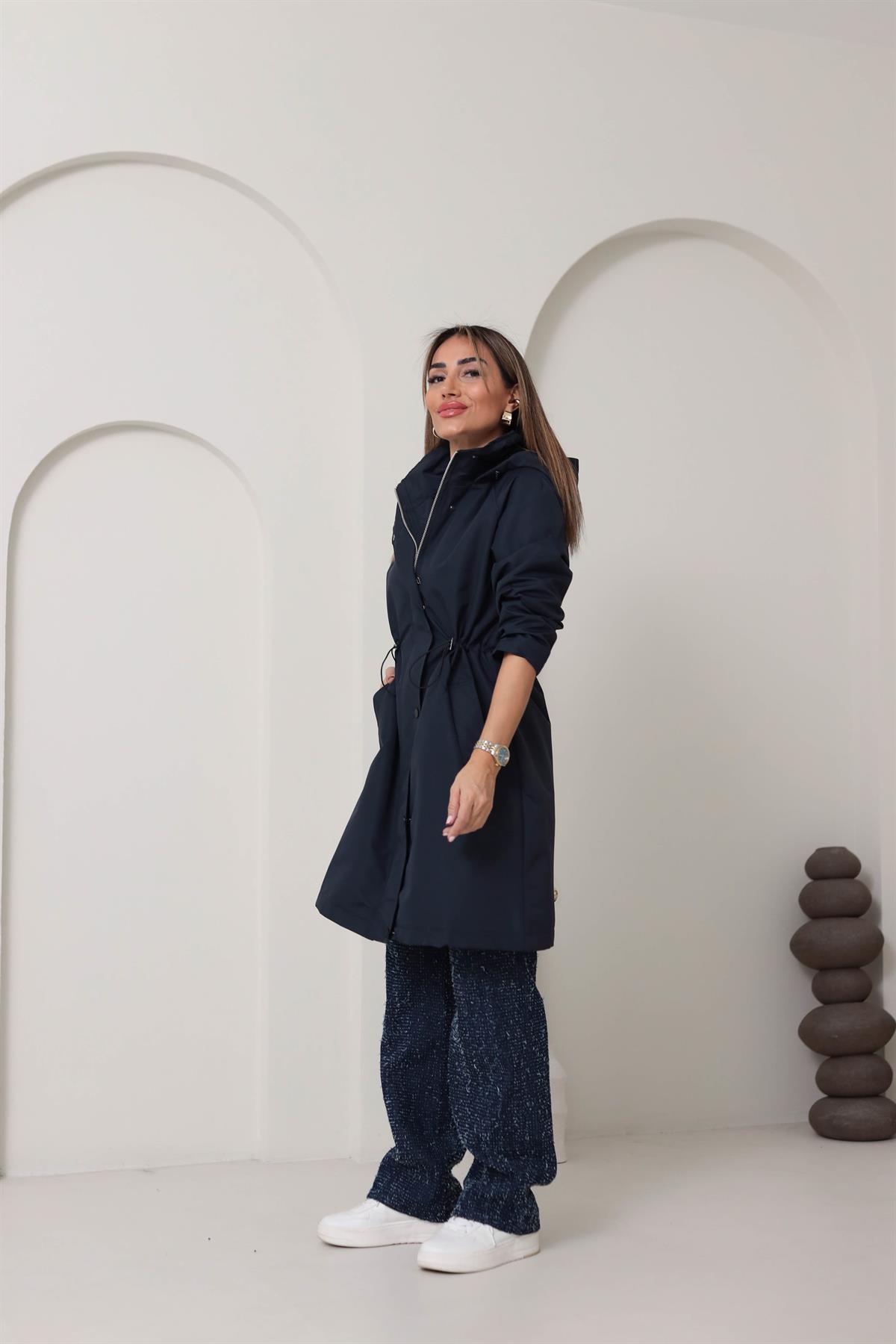 Bel Büzgülü Za Model Yağmurluk LACİVERT