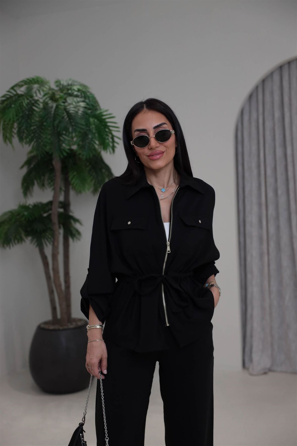 1003 Cep Kapaklı Fermuarlı Bel Büzgülü Modal Tencel Takım SİYAH