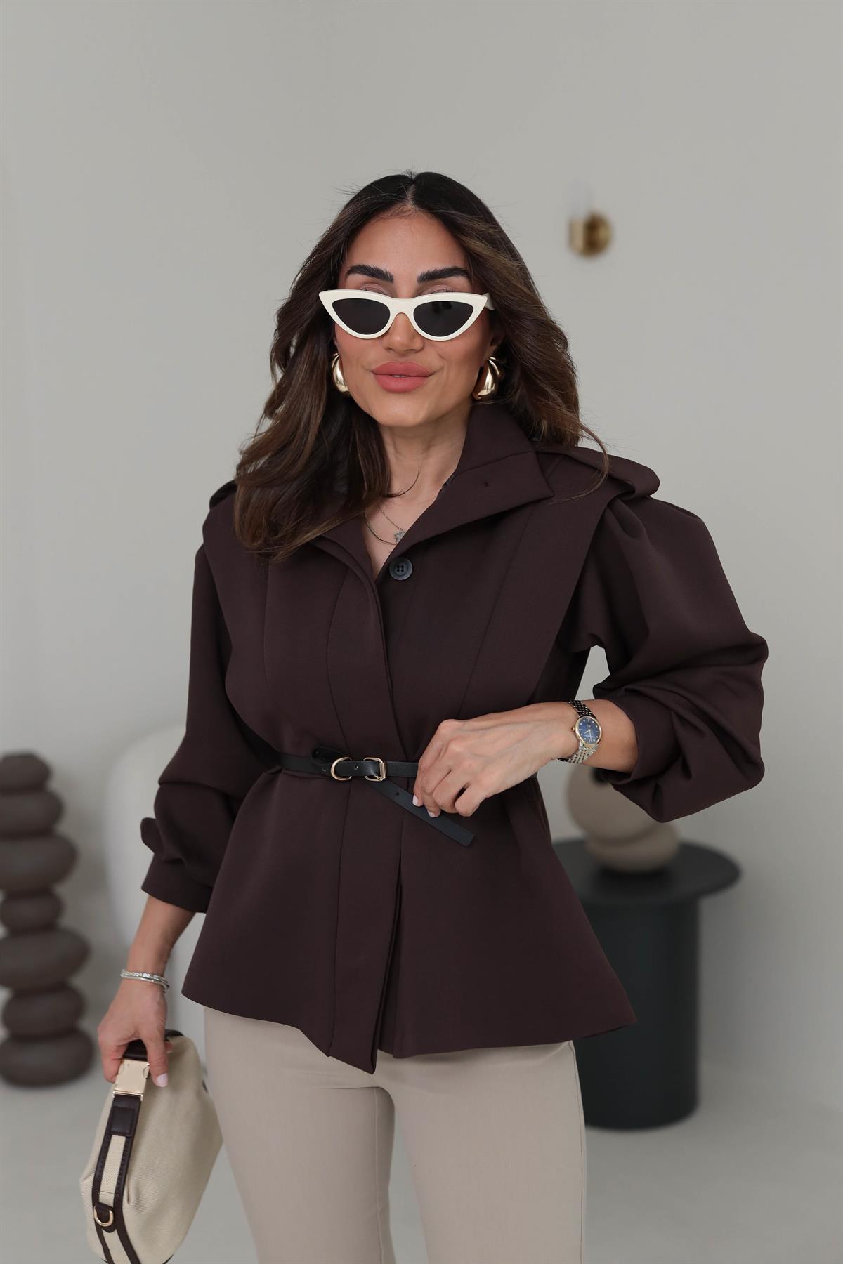 Omuzları Apoletli Gizli Düğmeli Kemerli Tasarım Ceket ACI KAHVE