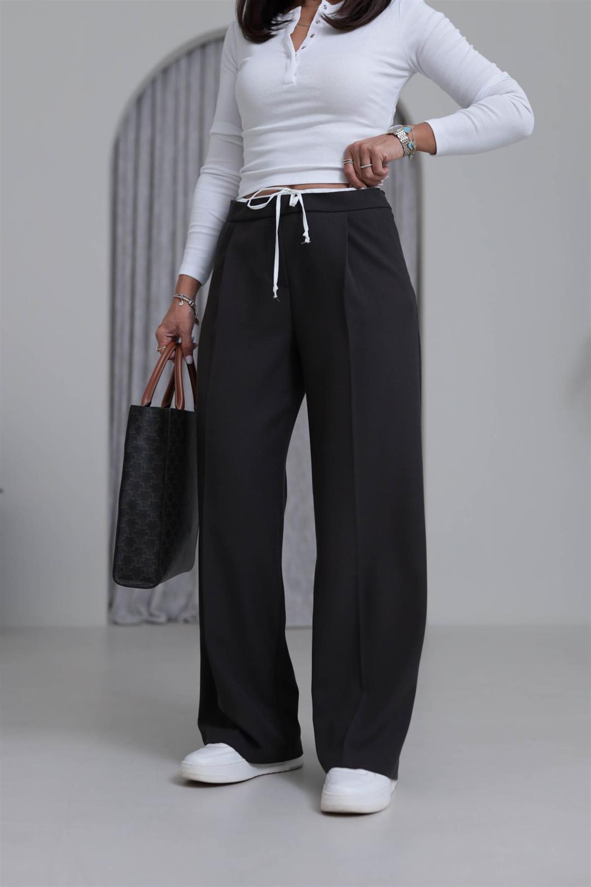 5179 Bel Detaylı Bağcıklı Kumaş Pantolon KAHVE