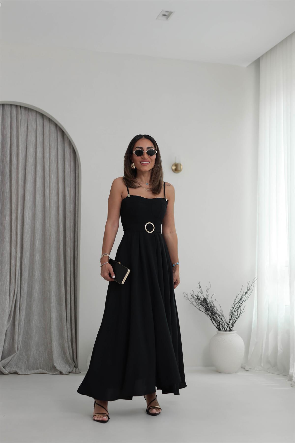 6097 Askılı Gold Detaylı Elbise SİYAH