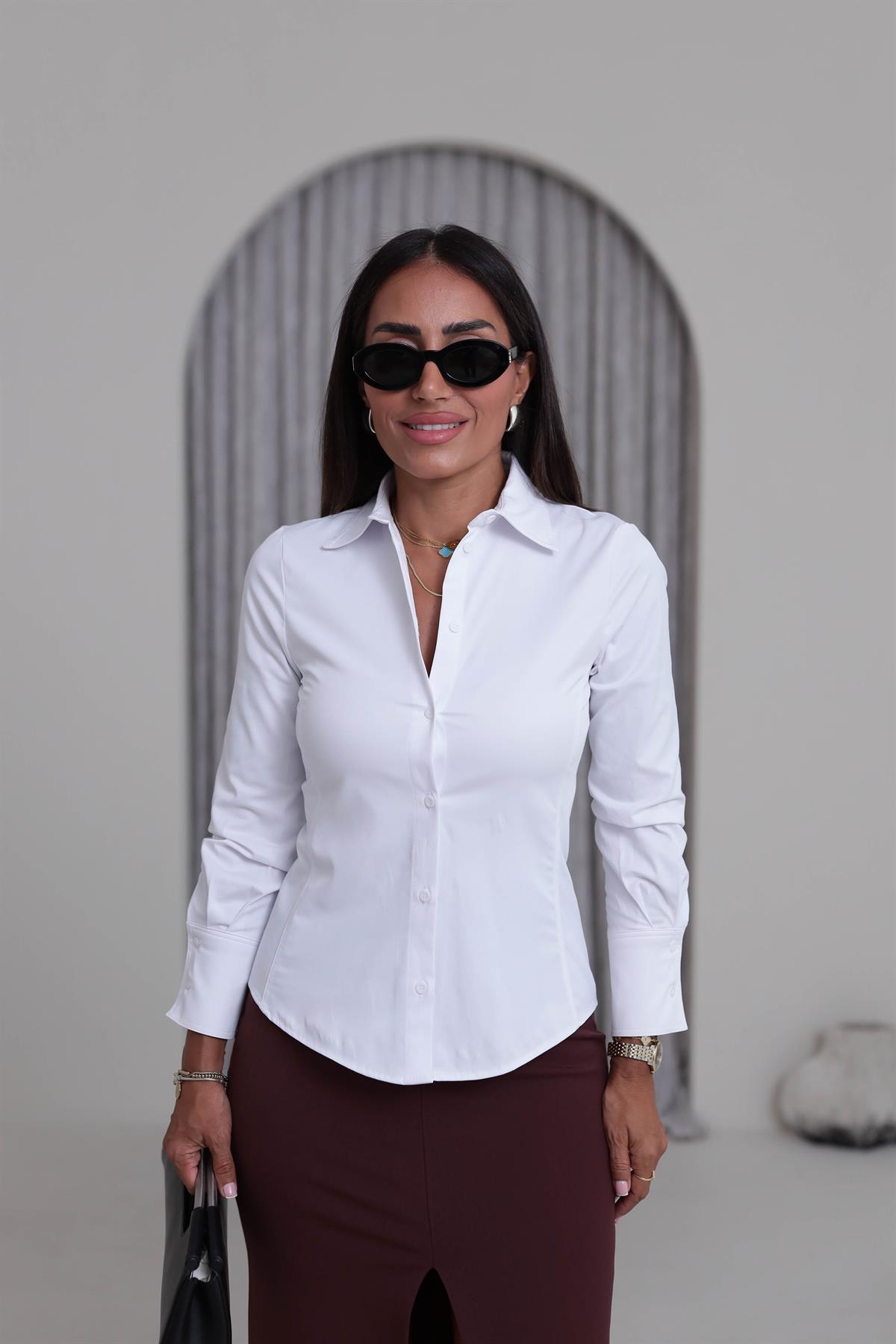 5142 Likralı Kol Manşetli Gömlek BEYAZ