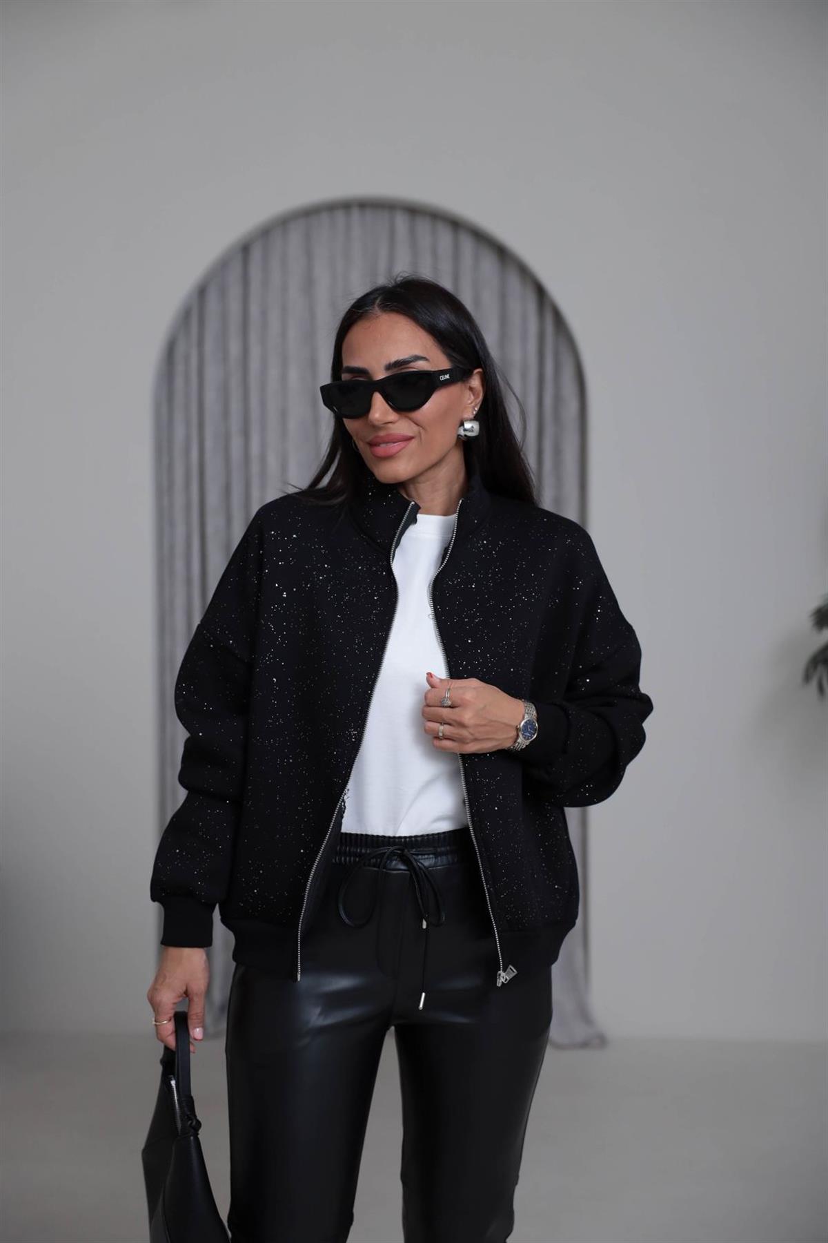 4222 Dik Yaka Önden Fermuarlı Simli Sweatshirt SİYAH