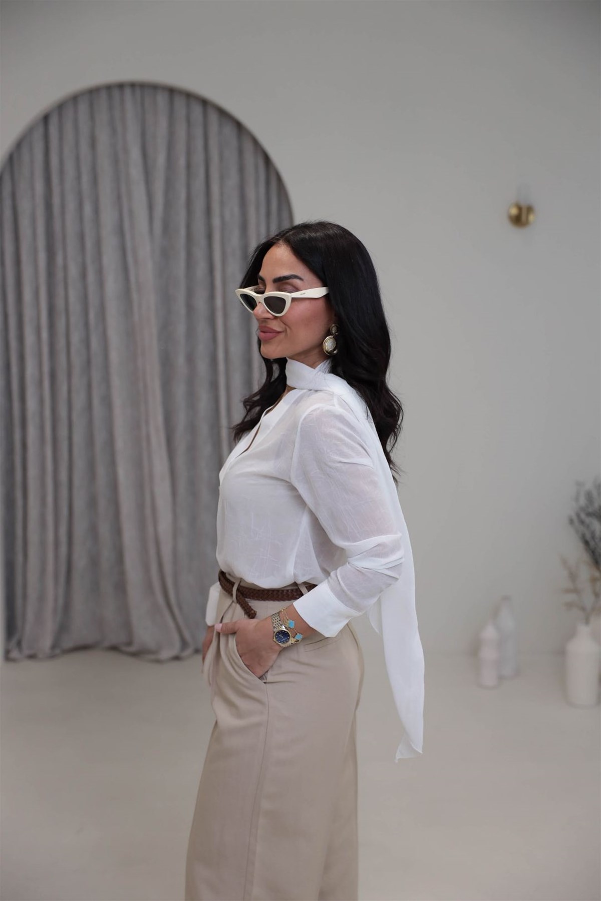 8233 Fular Detaylı Dokulu Şifon Bluz BEYAZ