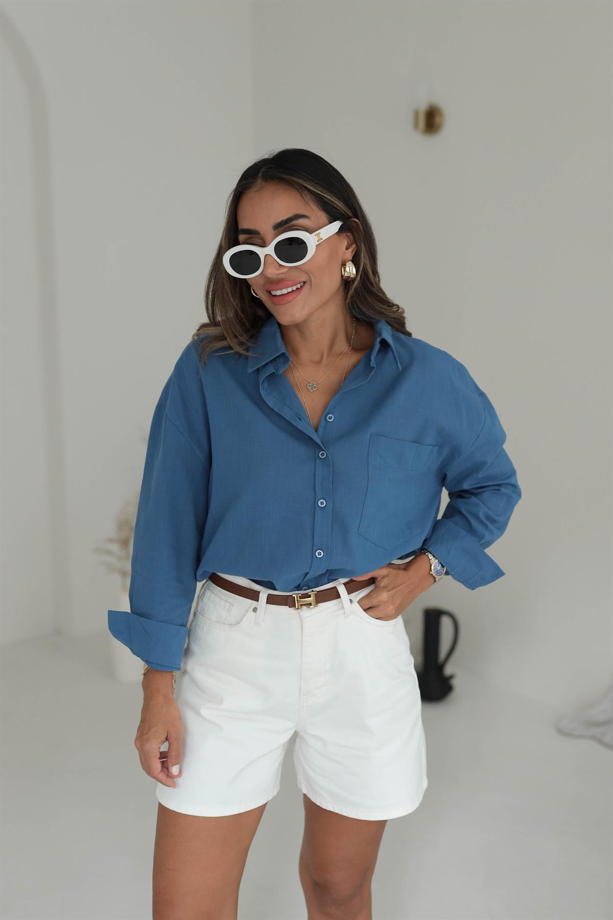 4719 Cep Detaylı Keten Gömlek