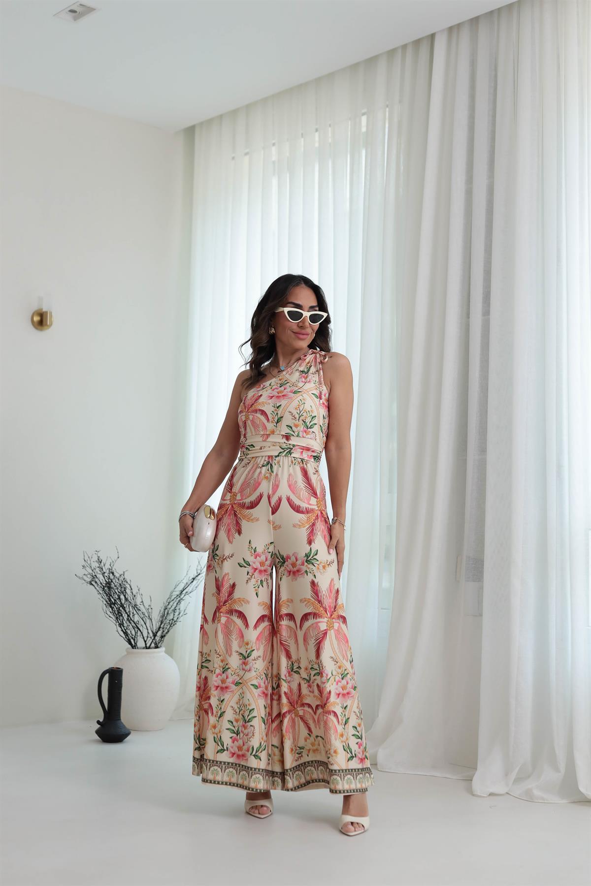 7368 Tek Omuz Bel Detay Desenli Tulum KREM