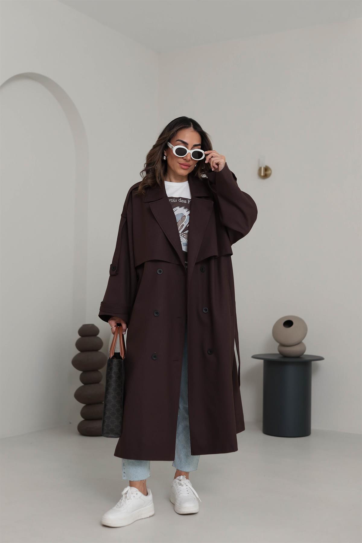 9476 Kol ve Omuz Apoletli Premium Trench ACI KAHVE