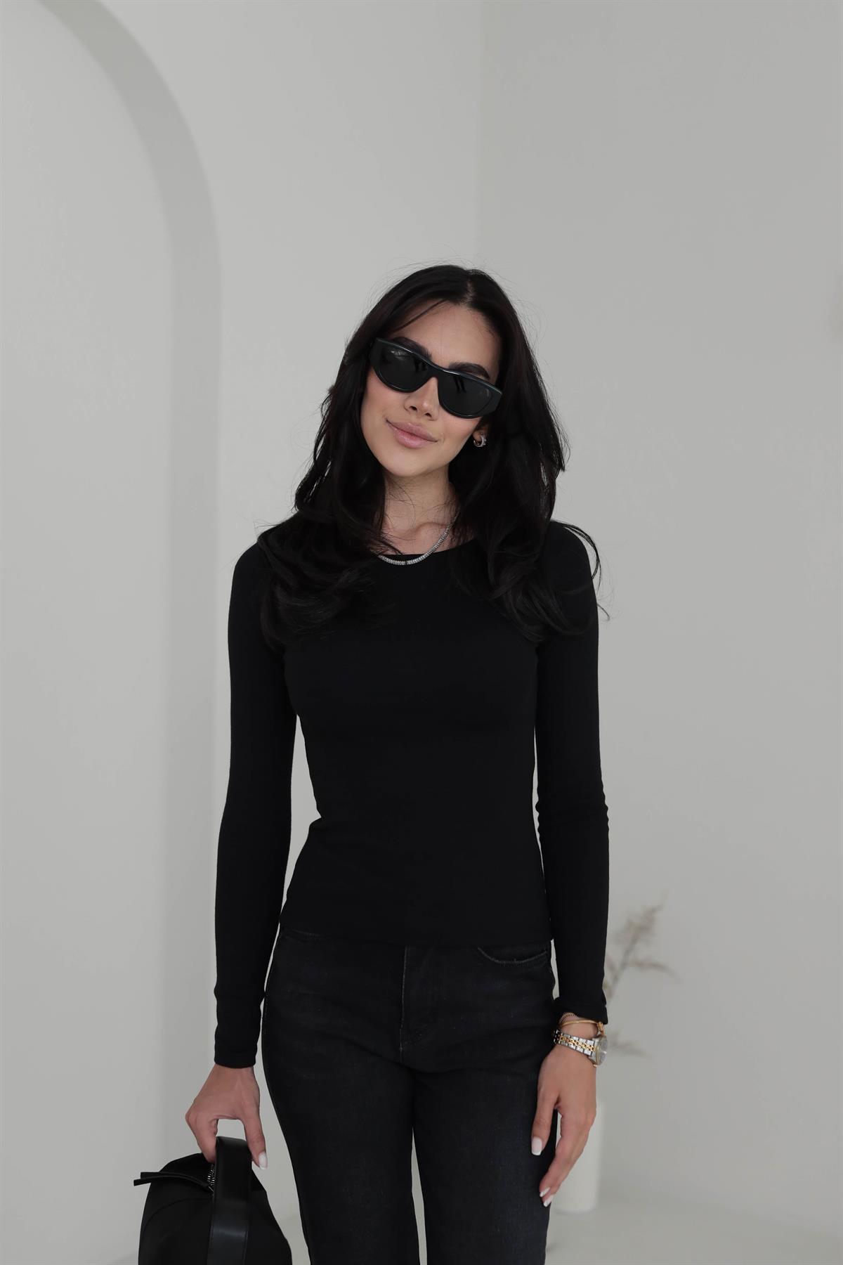 1332 Kayık Yaka Uzun Kollu Bluz SİYAH