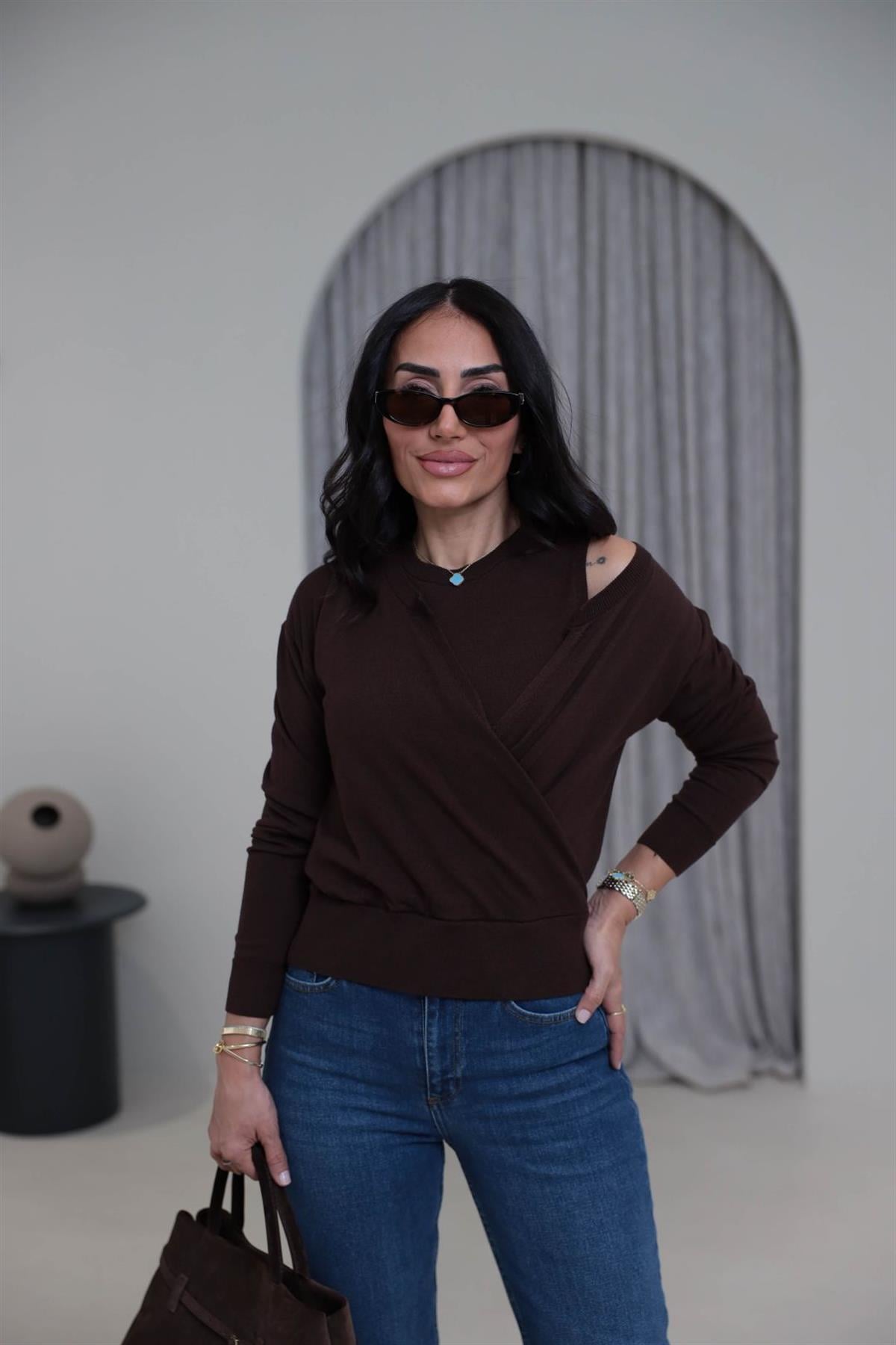 0163 Kruvaze Korsman İkili Takım Triko KAHVE