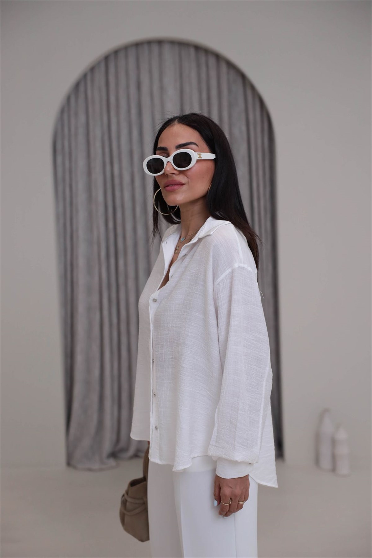 3840 Uzun Kol Dokuma Kumaş Oversize Gömlek EKRU