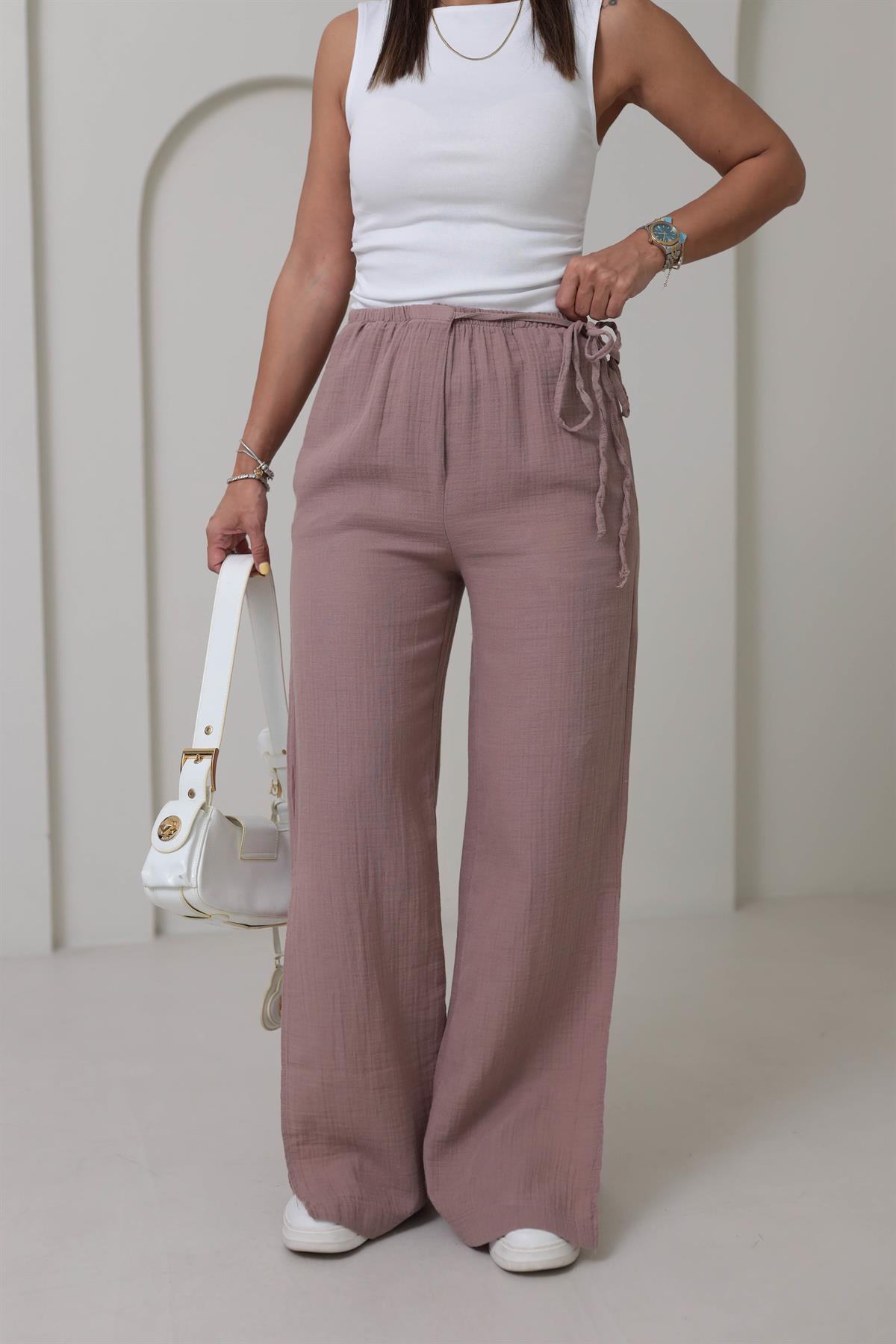 8028 Paça Yırtmaçlı Müslin Pantolon GÜL KURUSU