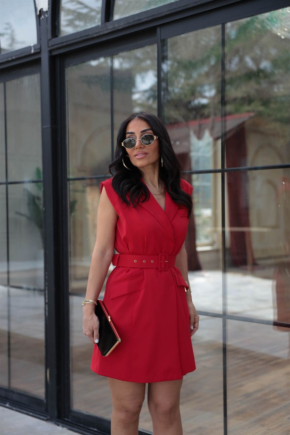 7281 Beli Kemerli Mini Elbise KIRMIZI