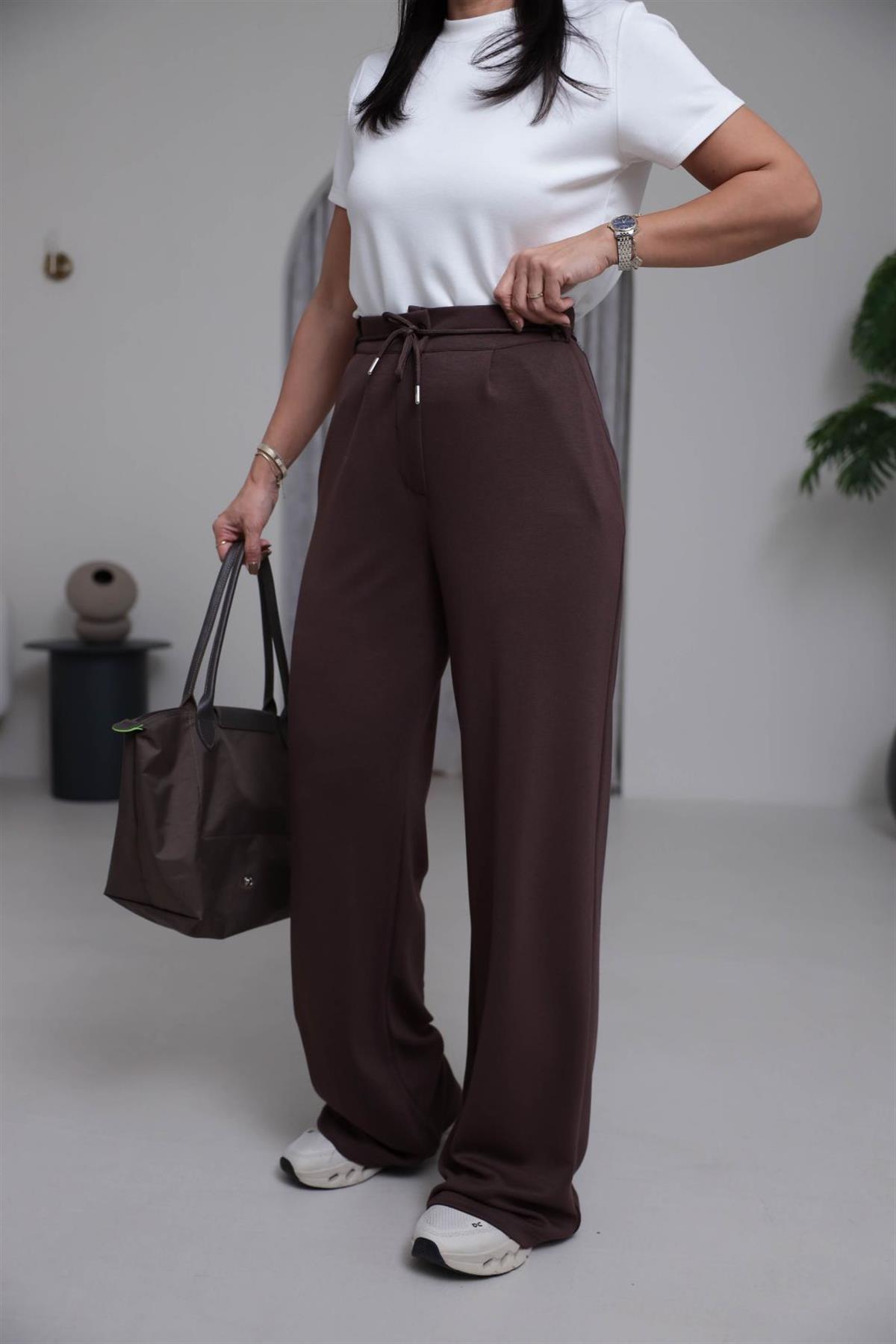 8009 Bel Lastikli İp Kemerli Oys Modal Pantolon KAHVE