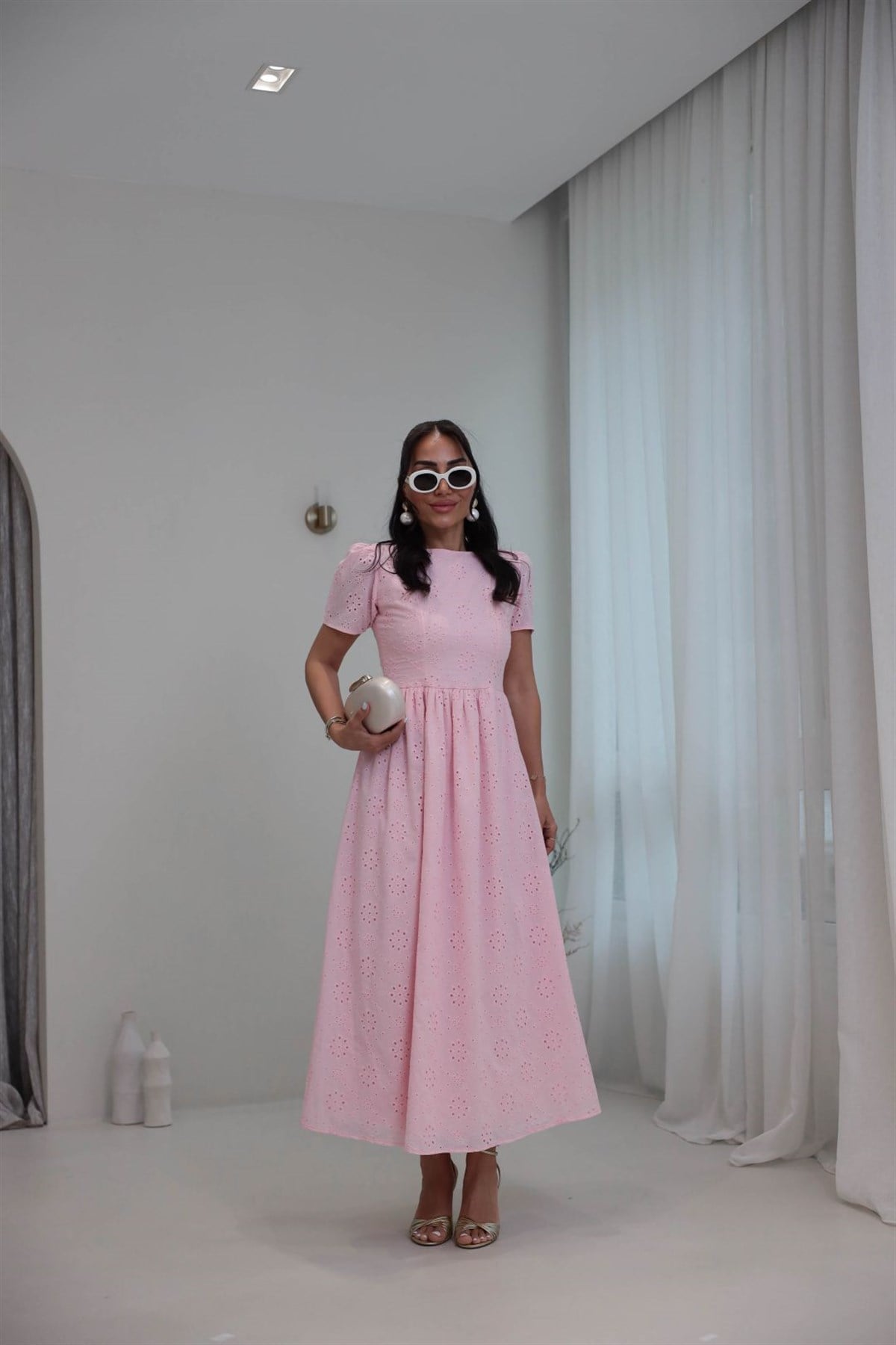 7139 Fisto Kumaş Astarlı Uzun Elbise PEMBE