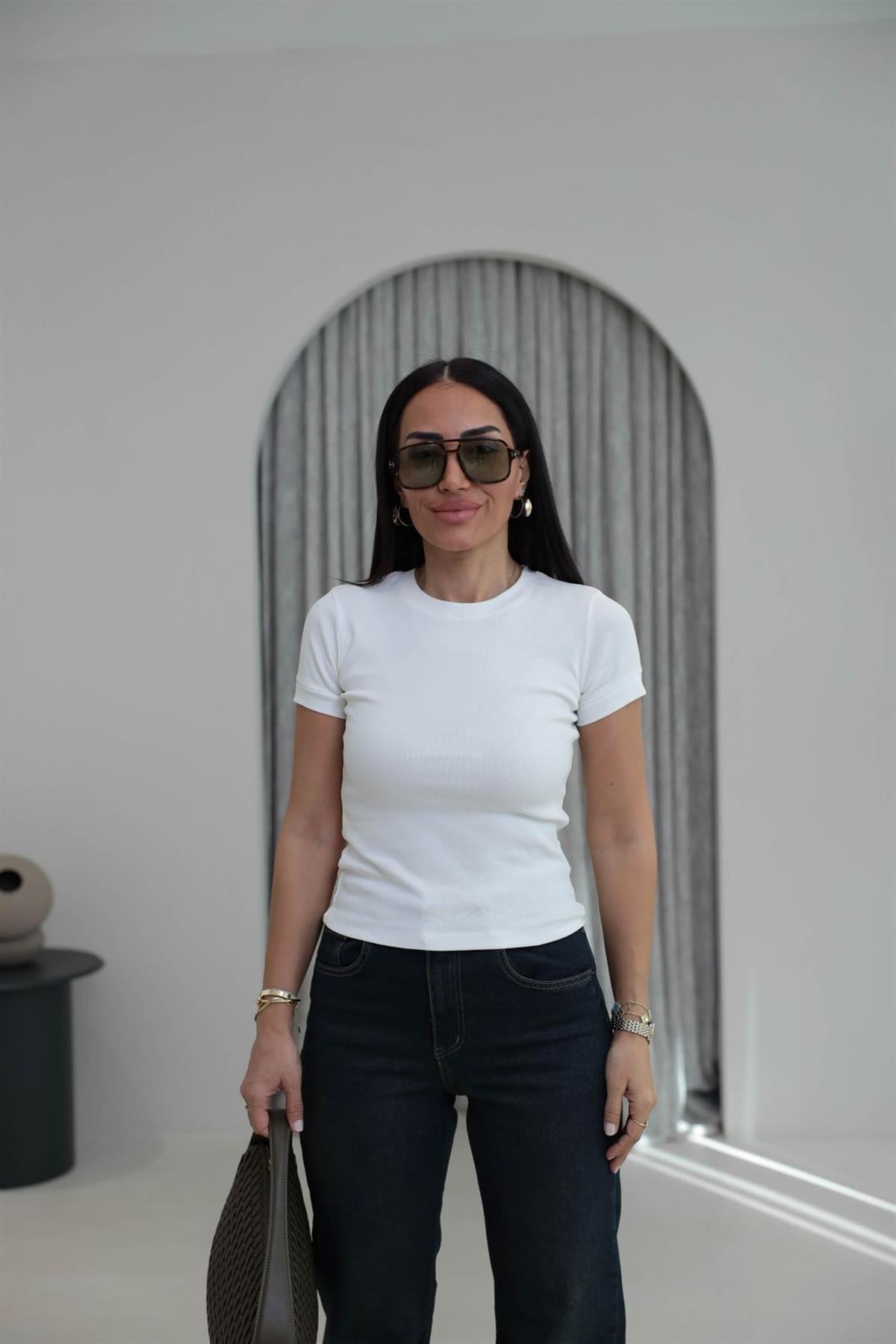 1591 Ribanalı Basic Pamuklu Tshirt EKRU