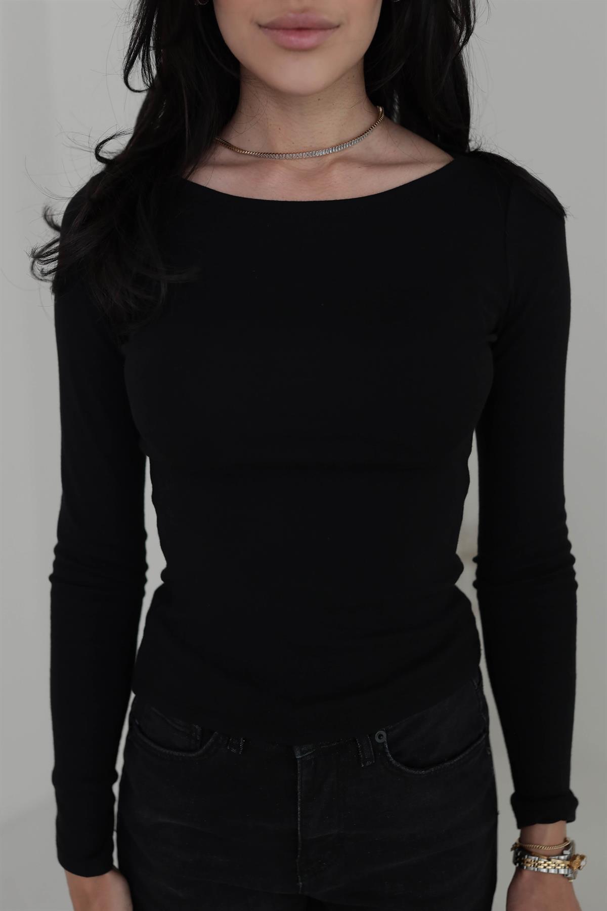 1332 Kayık Yaka Uzun Kollu Bluz SİYAH