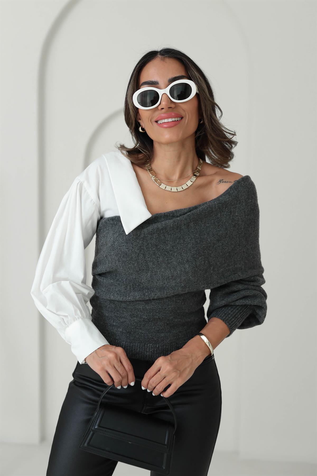 4256 Gömlek Garnili Triko Bluz ANTRASİT