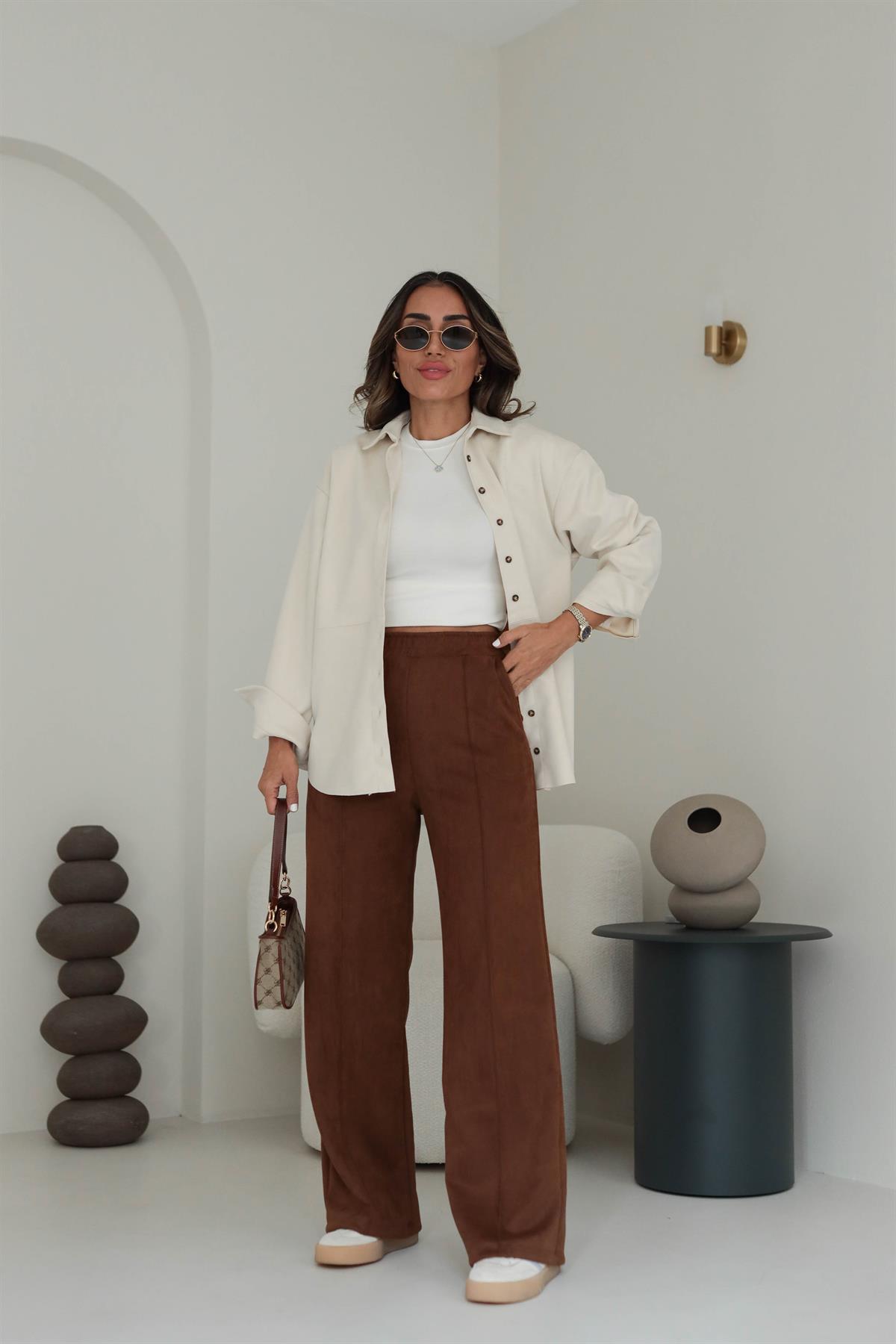 6632 Bel Lastikli Bol Nubuk Pantolon