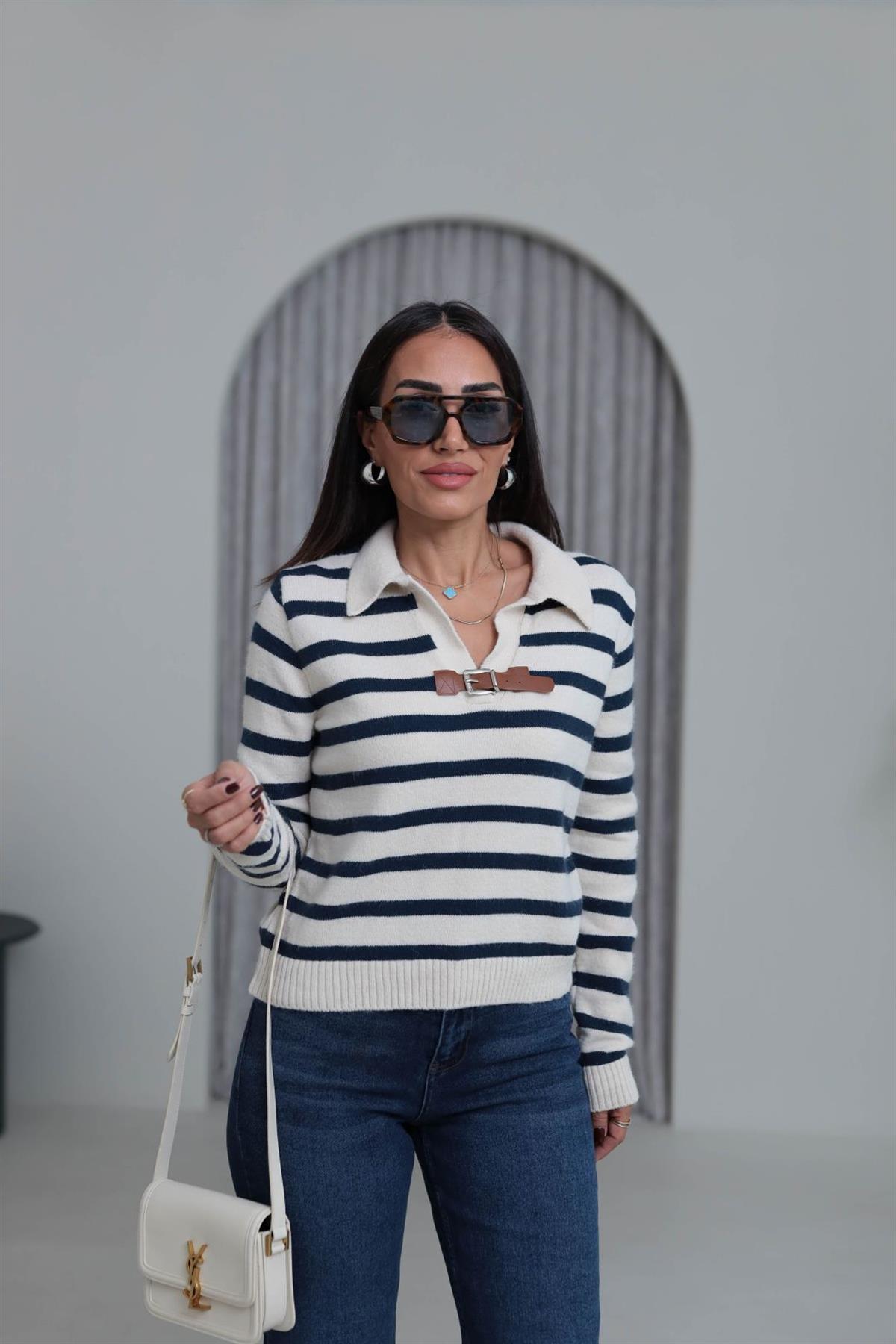 4630 Kemer Detaylı Polo Yaka Triko Bluz LACİVERT