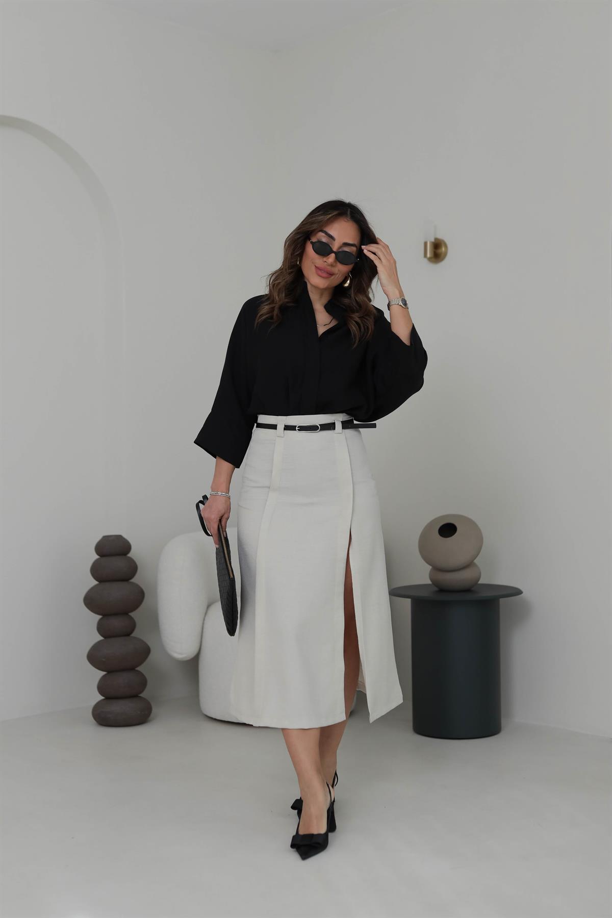 0268 Yırtmaç Detaylı Kemerli Midi Boy Etek TAŞ