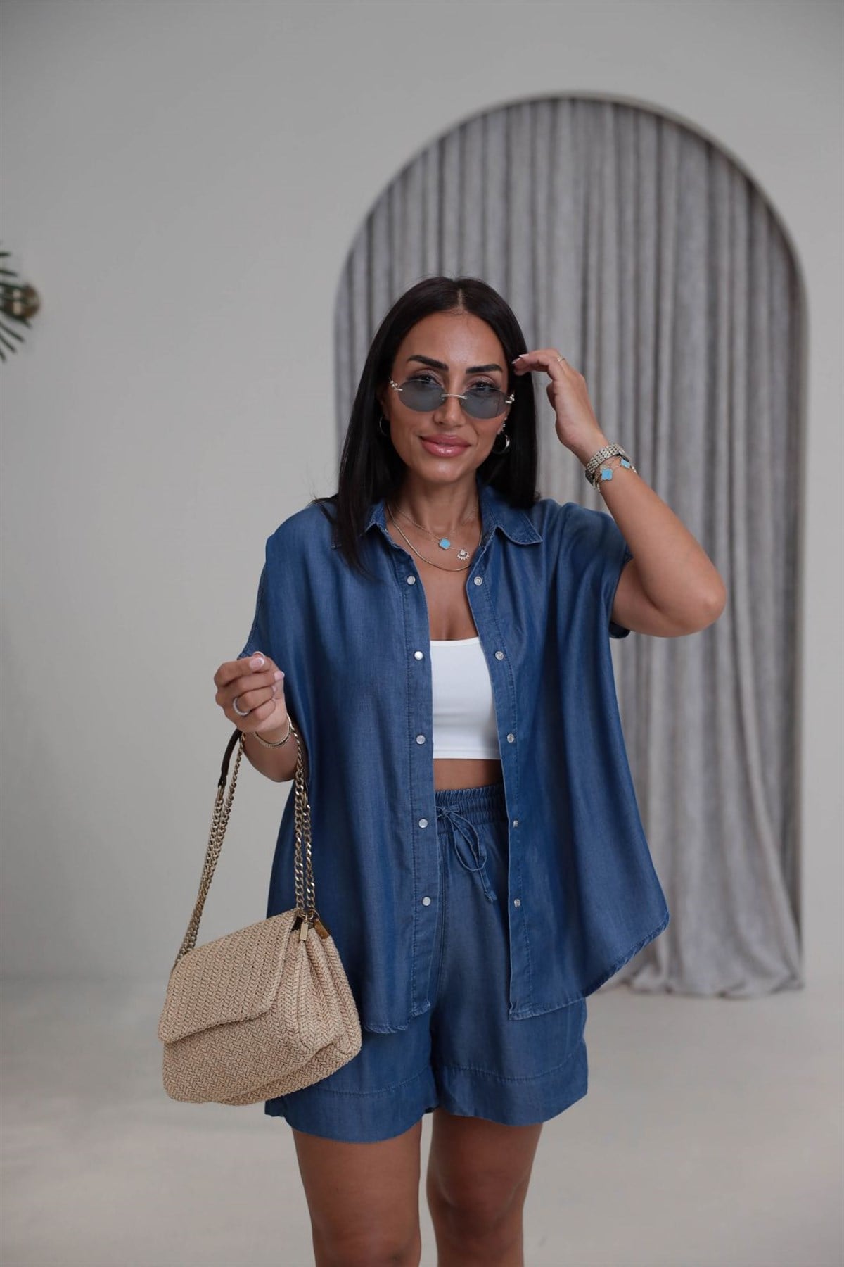 5311 Tencel Kumaş Şort Takım KOYU MAVİ