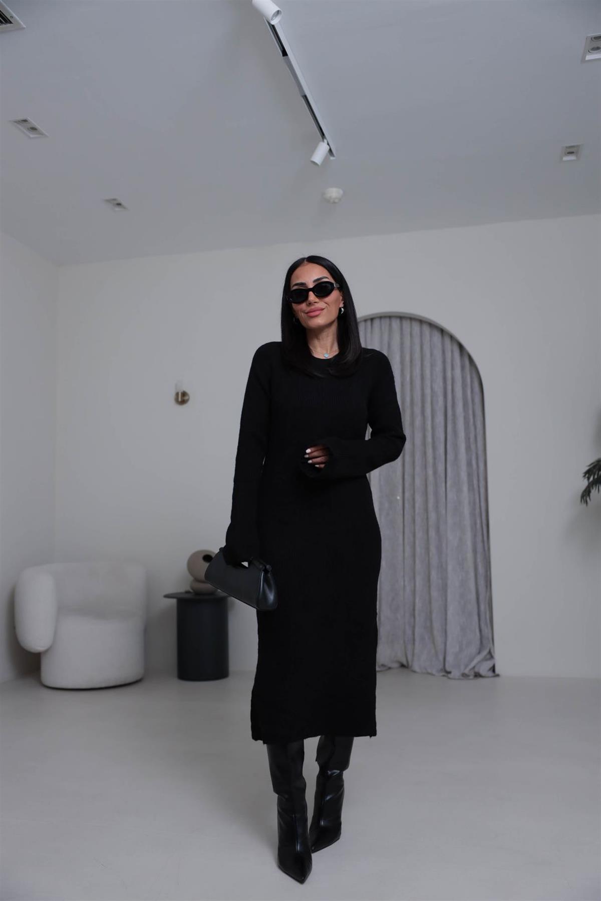 5137 Selanik Örgü Uzun Triko Elbise SİYAH