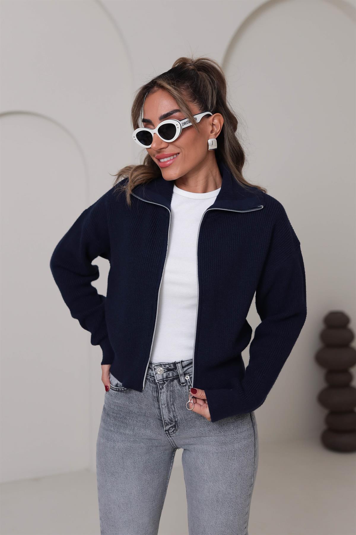 1054 Fermuarlı Yakalı Hırka LACİVERT