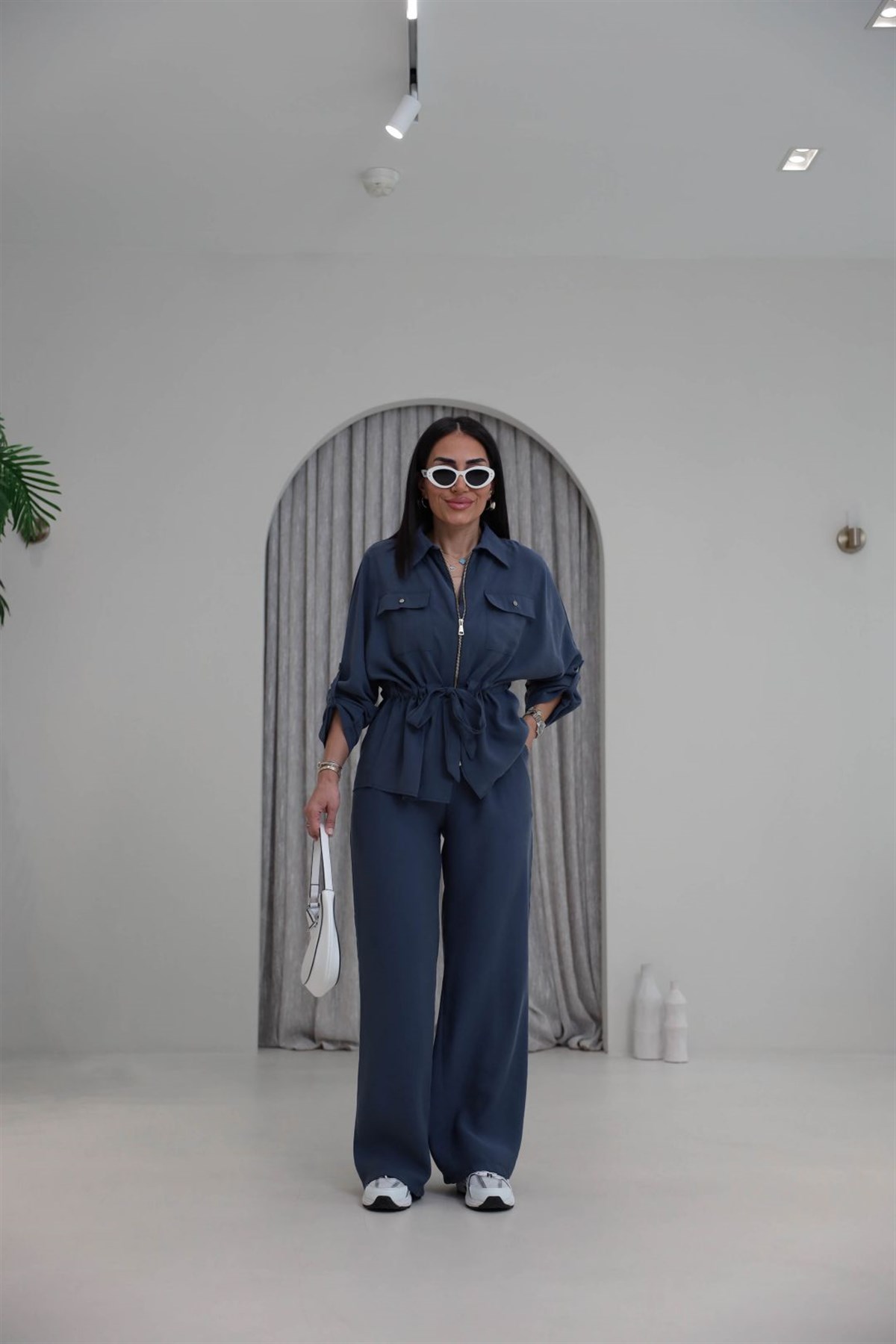 1003 Cep Kapaklı Fermuarlı Bel Büzgülü Modal Tencel Takım Indigo