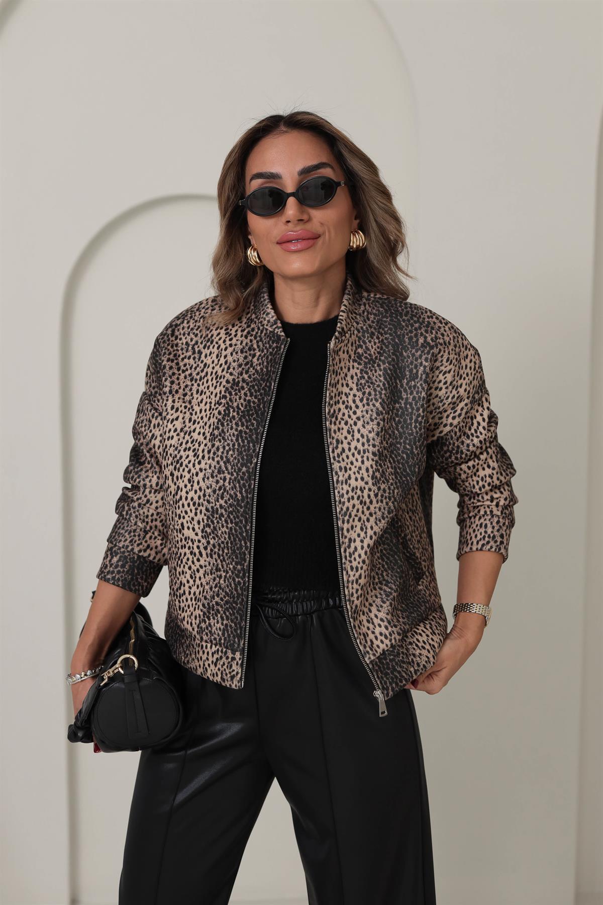 9550 Leopar Desen Kaşe Ceket LEOPAR