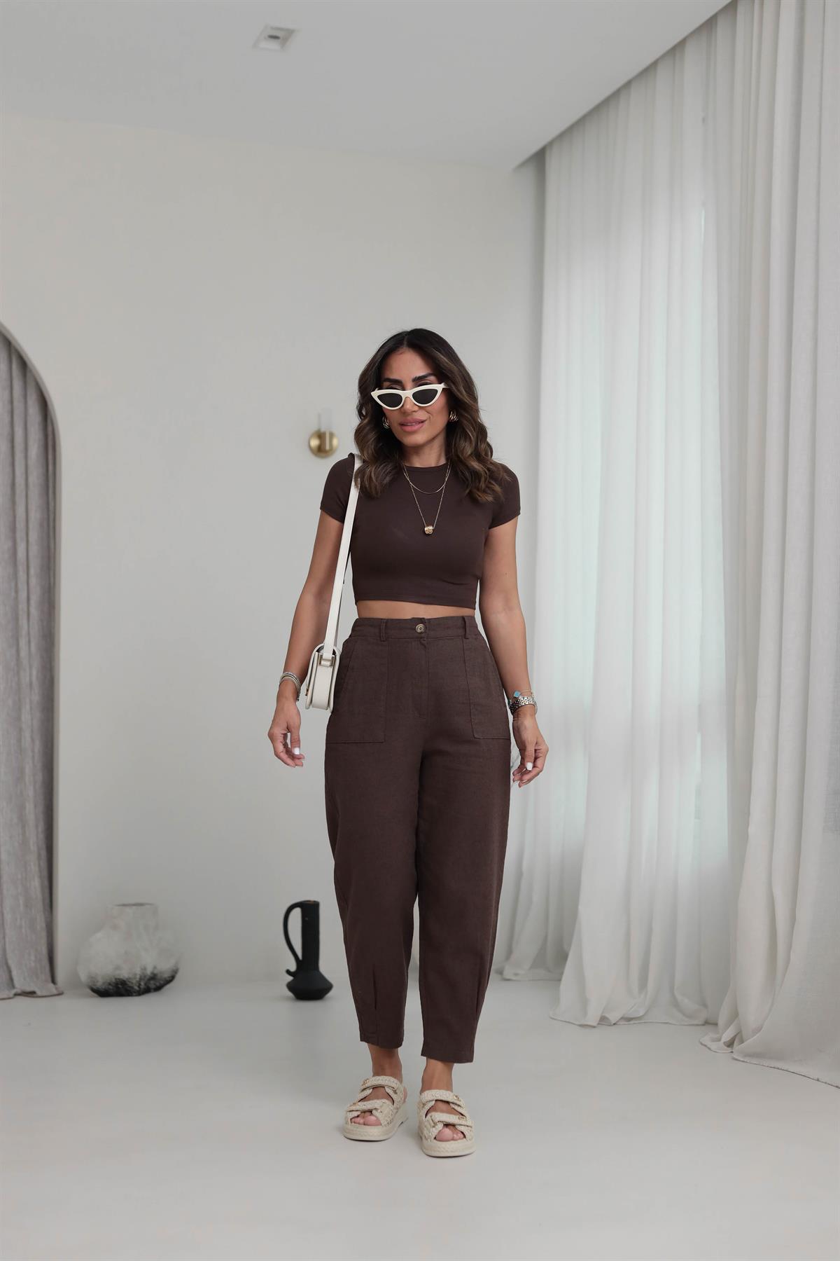 1711 Paçası Pensli Yan Cepli Keten Pantolon ACI KAHVE