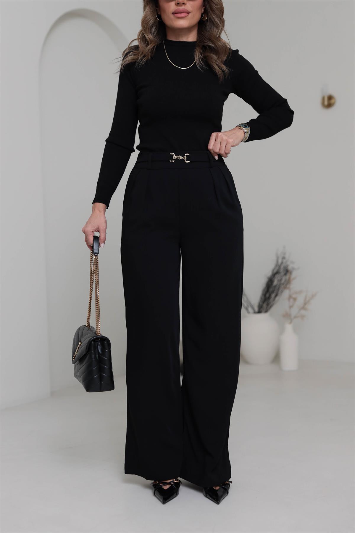 3704 Gold Aksesuarlı Bel Lastikli Salaş Pantolon SİYAH