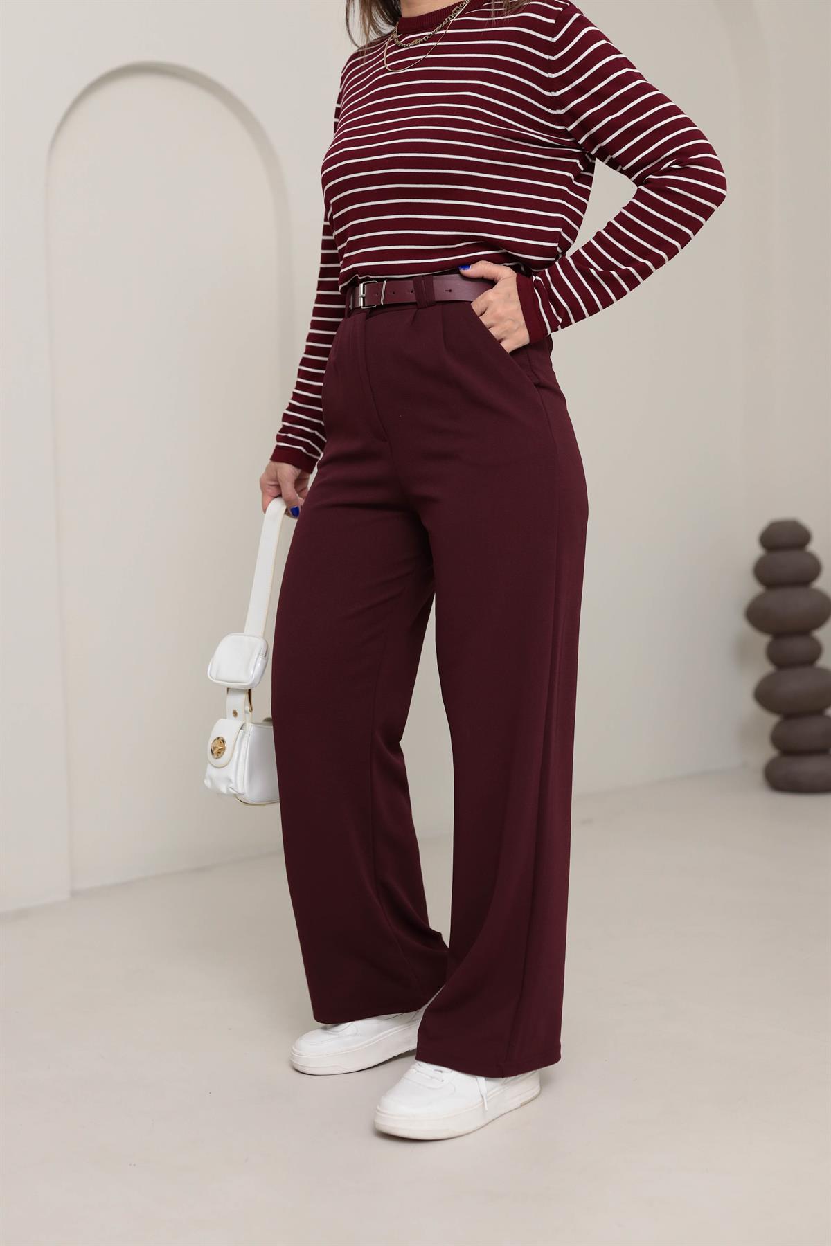 3851 Çift Pile Detaylı Kemerli Palazzo Pantolon BORDO