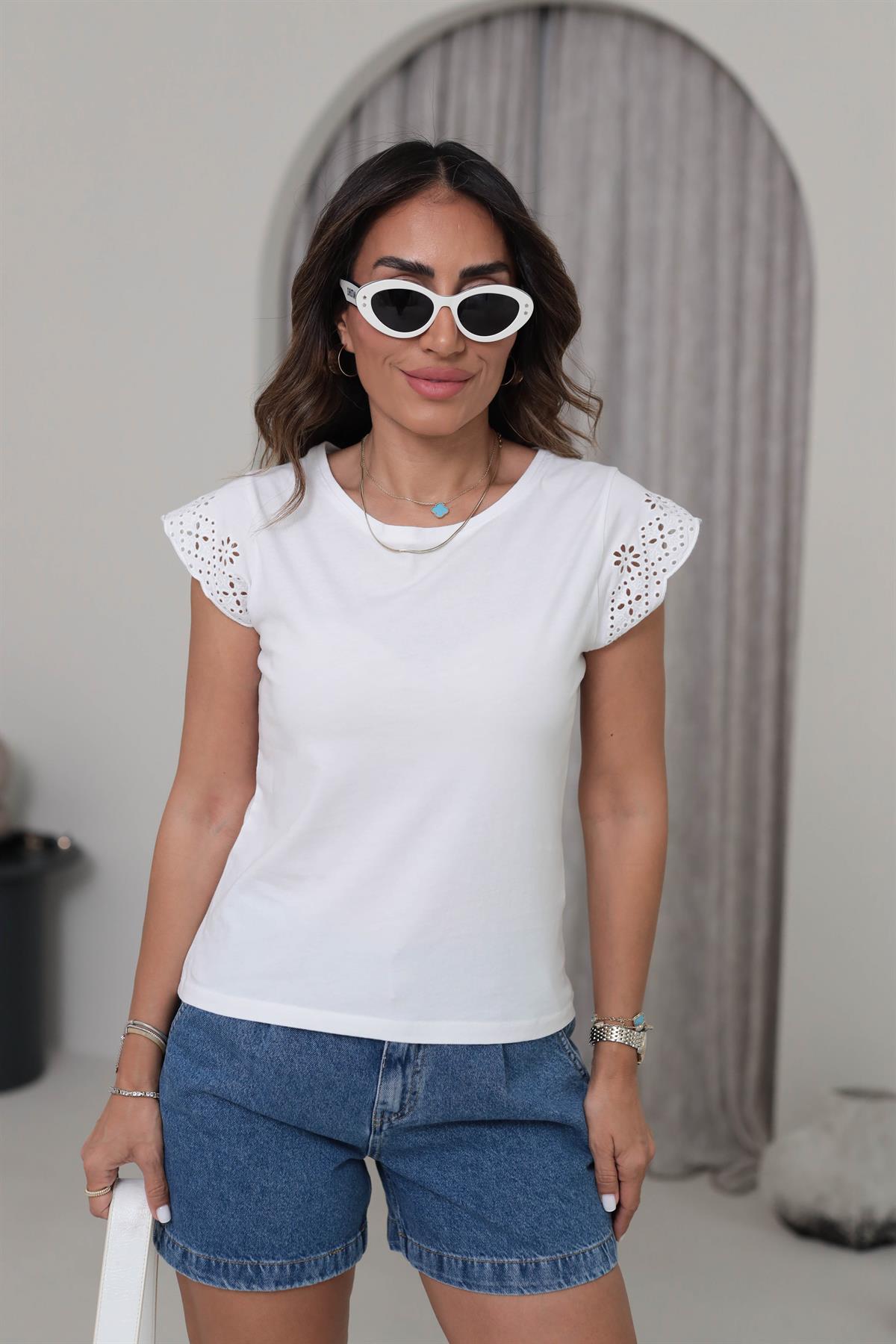 2982 Pamuklu Kolları Fistolu Tshirt BEYAZ