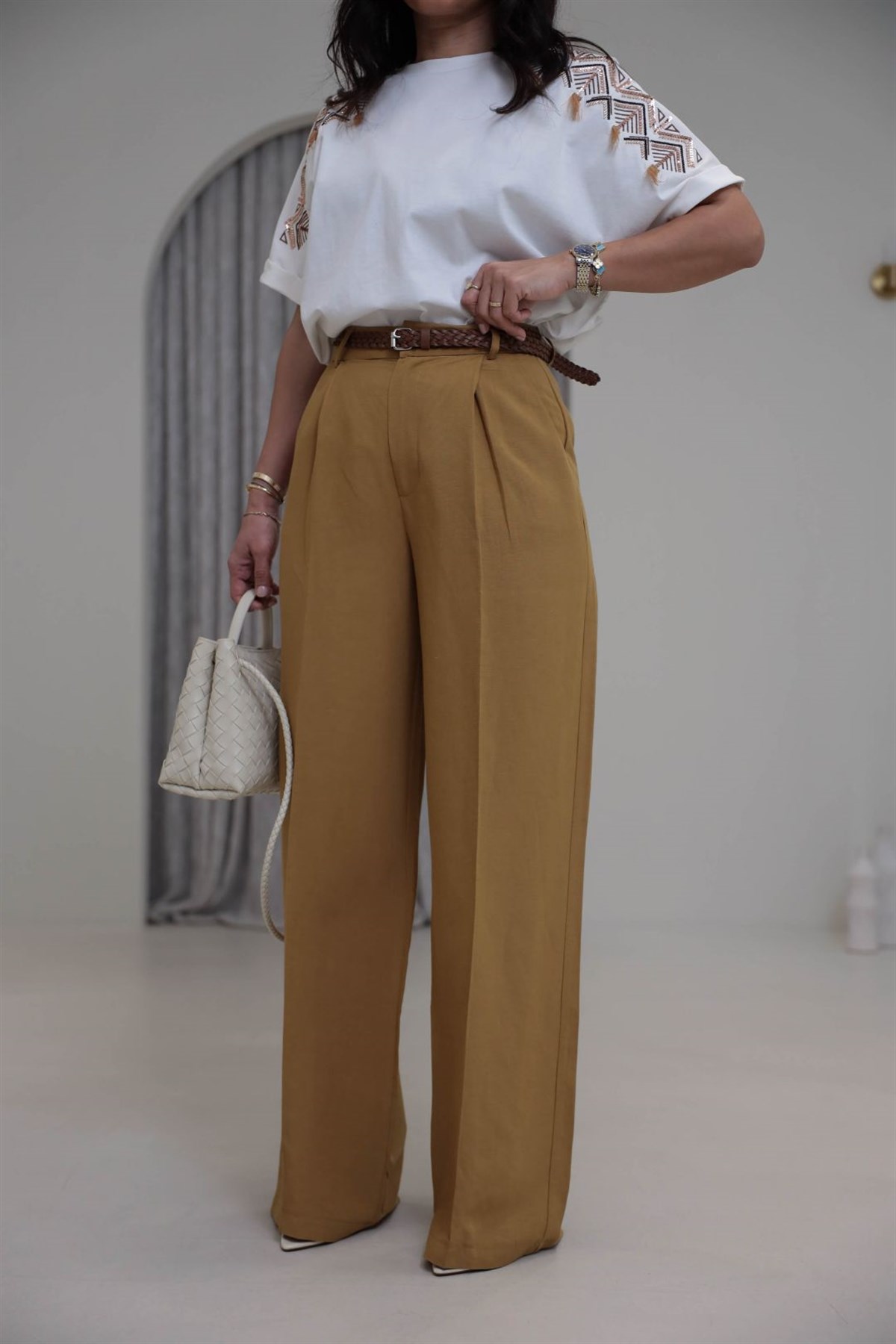 1150 Örme Kemerli Viskon Keten Pantolon YAĞ YEŞİLİ